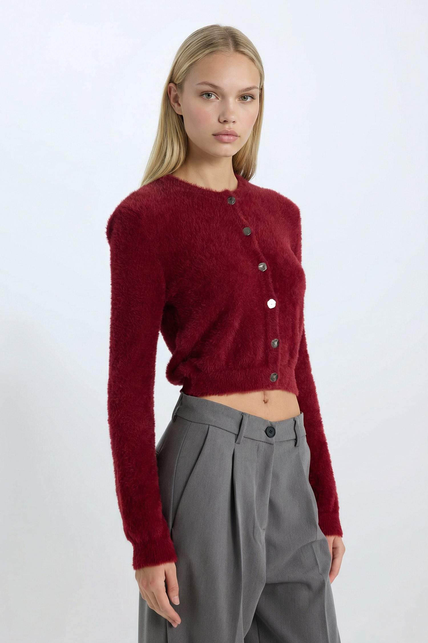 Regular Fit Bisiklet Yaka Düğmeli Triko Bordo Hırka