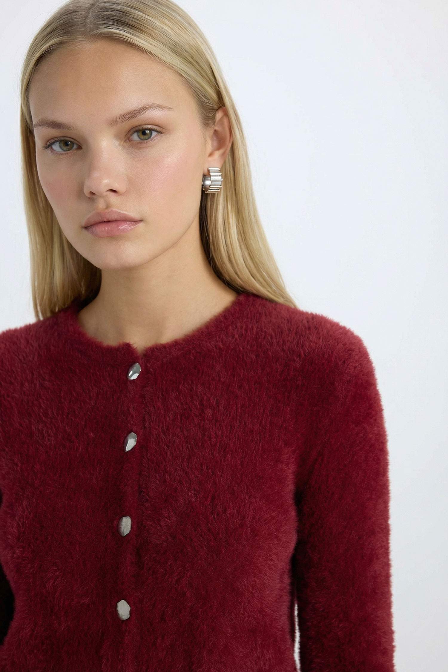 Regular Fit Bisiklet Yaka Düğmeli Triko Bordo Hırka