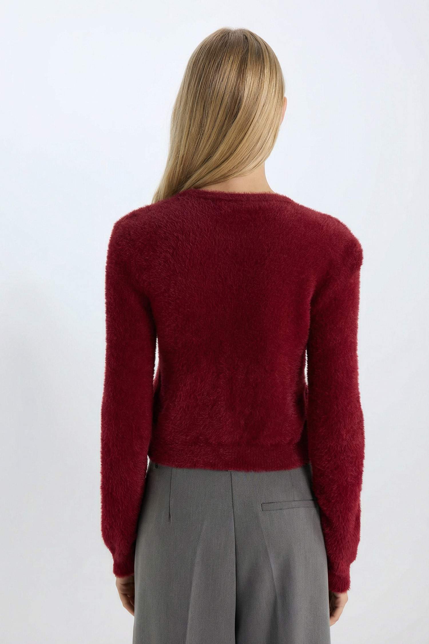 Regular Fit Bisiklet Yaka Düğmeli Triko Bordo Hırka