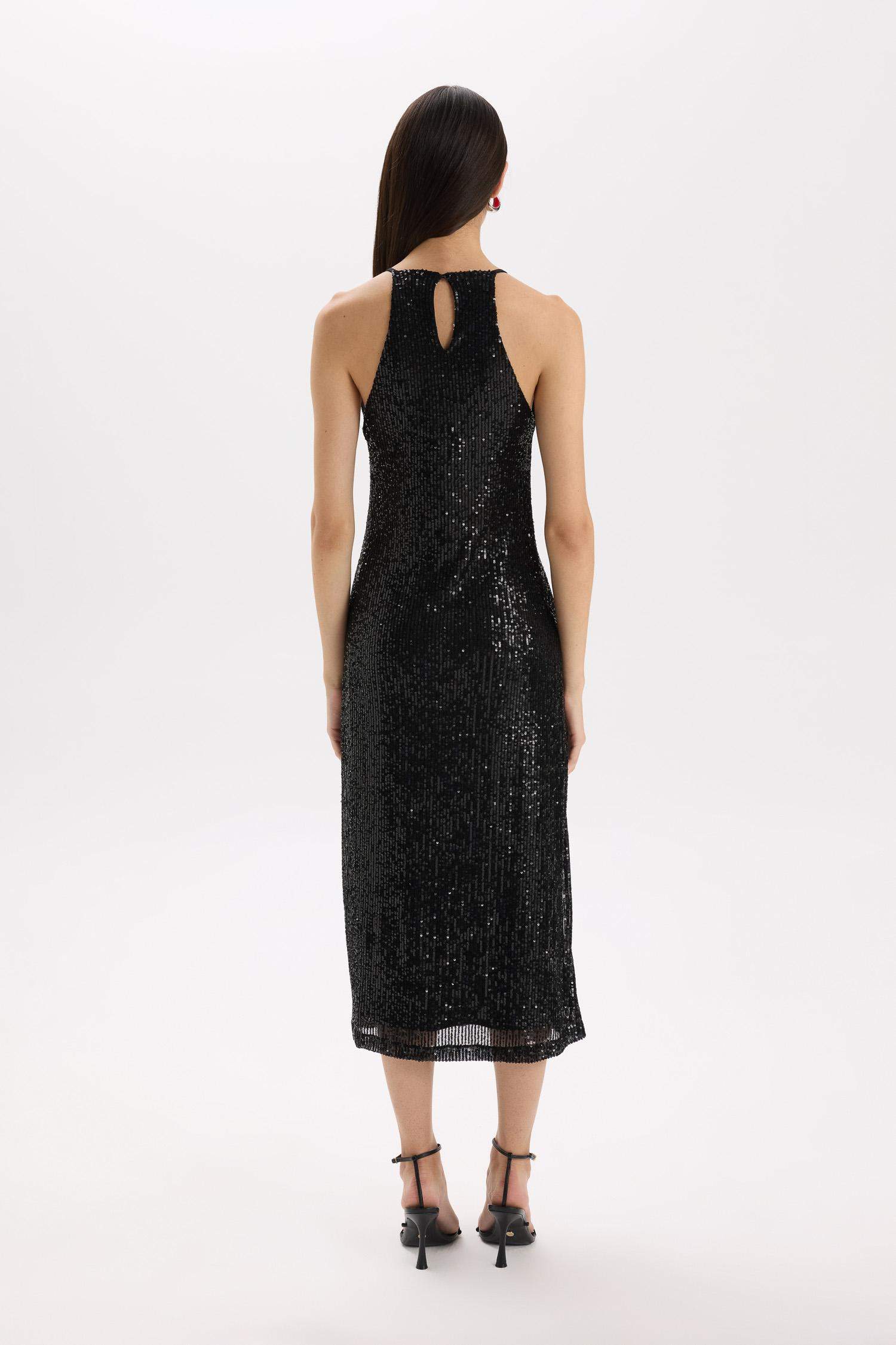 فستان ميدي اسود بالترتر بياخة هالتر بدون ردن