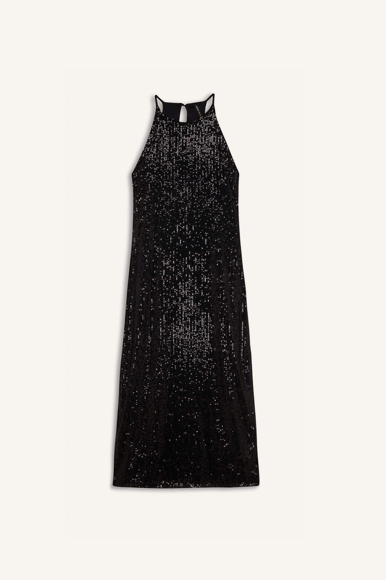 فستان ميدي اسود بالترتر بياخة هالتر بدون ردن