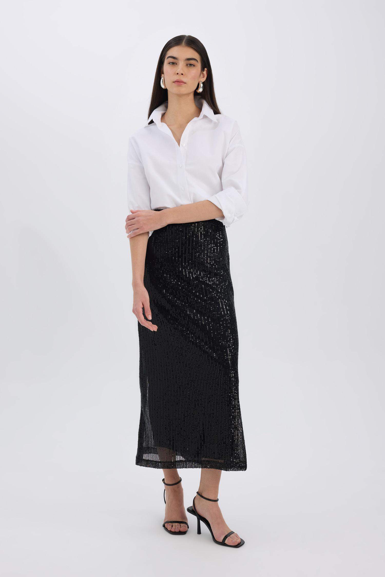 A Cut Sequined Fabric Normal Waist Maxi Knitted Skirt
