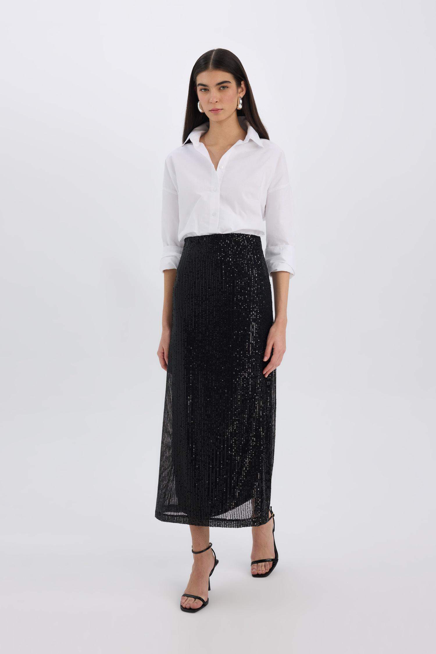 A Cut Sequined Fabric Normal Waist Maxi Knitted Skirt