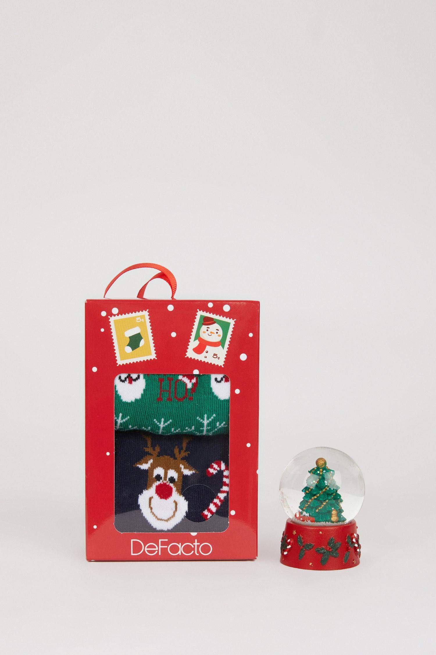 Erkek Kutulu Yılbaşı Temalı Kutulu 2'li Pamuklu Uzun Çorap