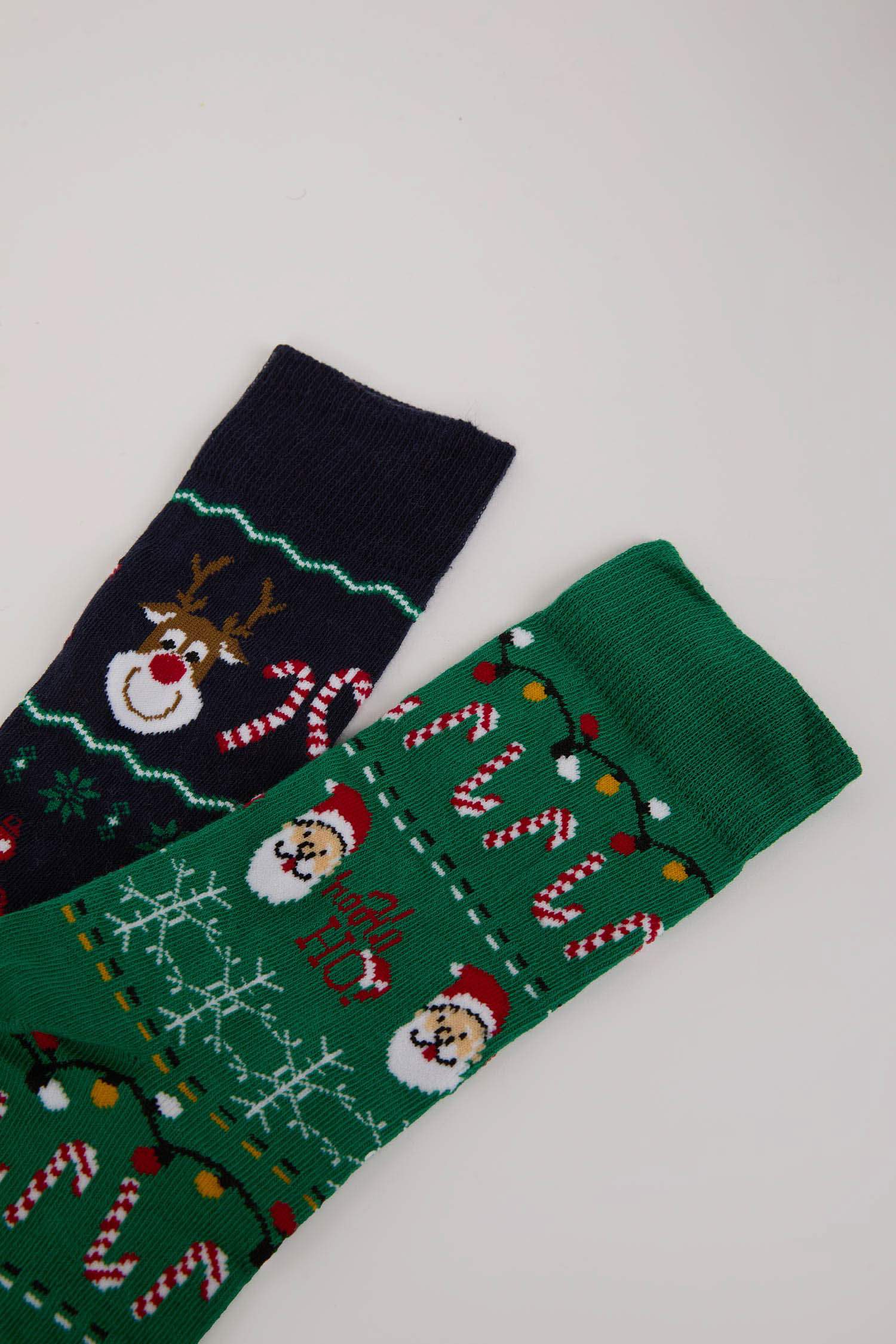 Erkek Kutulu Yılbaşı Temalı Kutulu 2'li Pamuklu Uzun Çorap