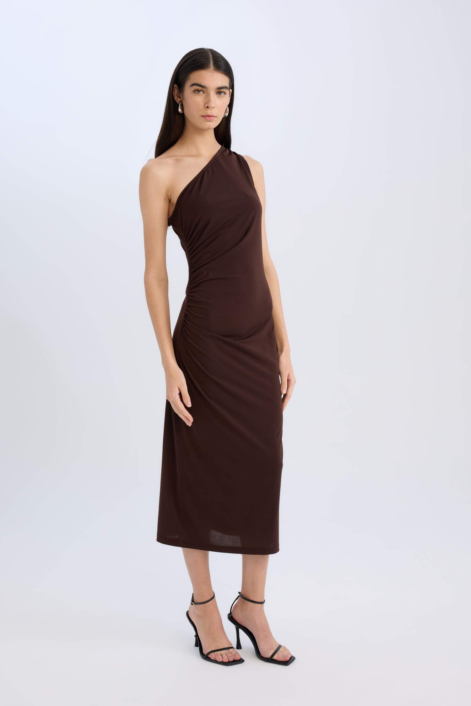 Bodycon Vücudu Saran Basic Düz Tek Omuzlu Midi Elbise