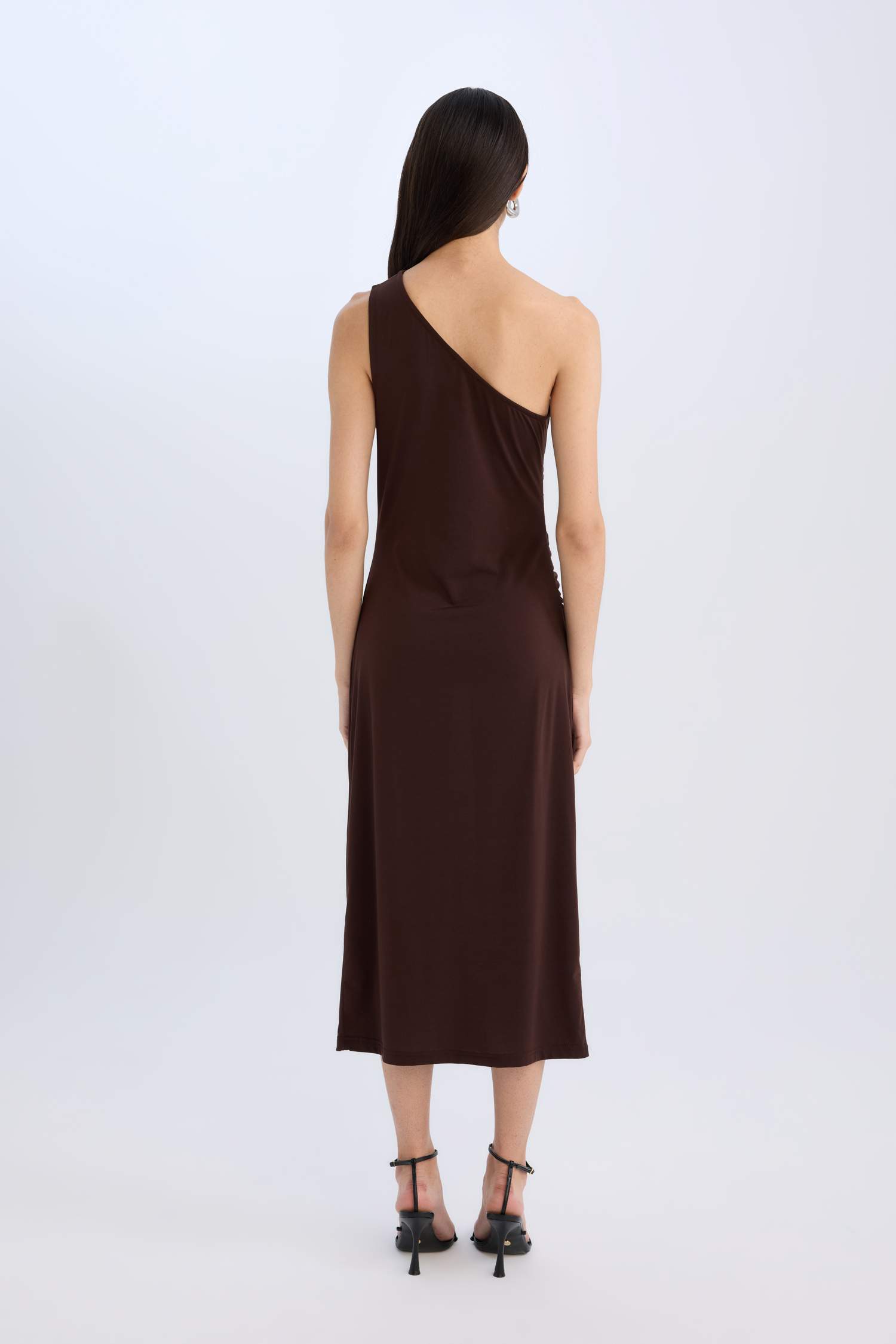 Bodycon Vücudu Saran Basic Düz Tek Omuzlu Midi Elbise