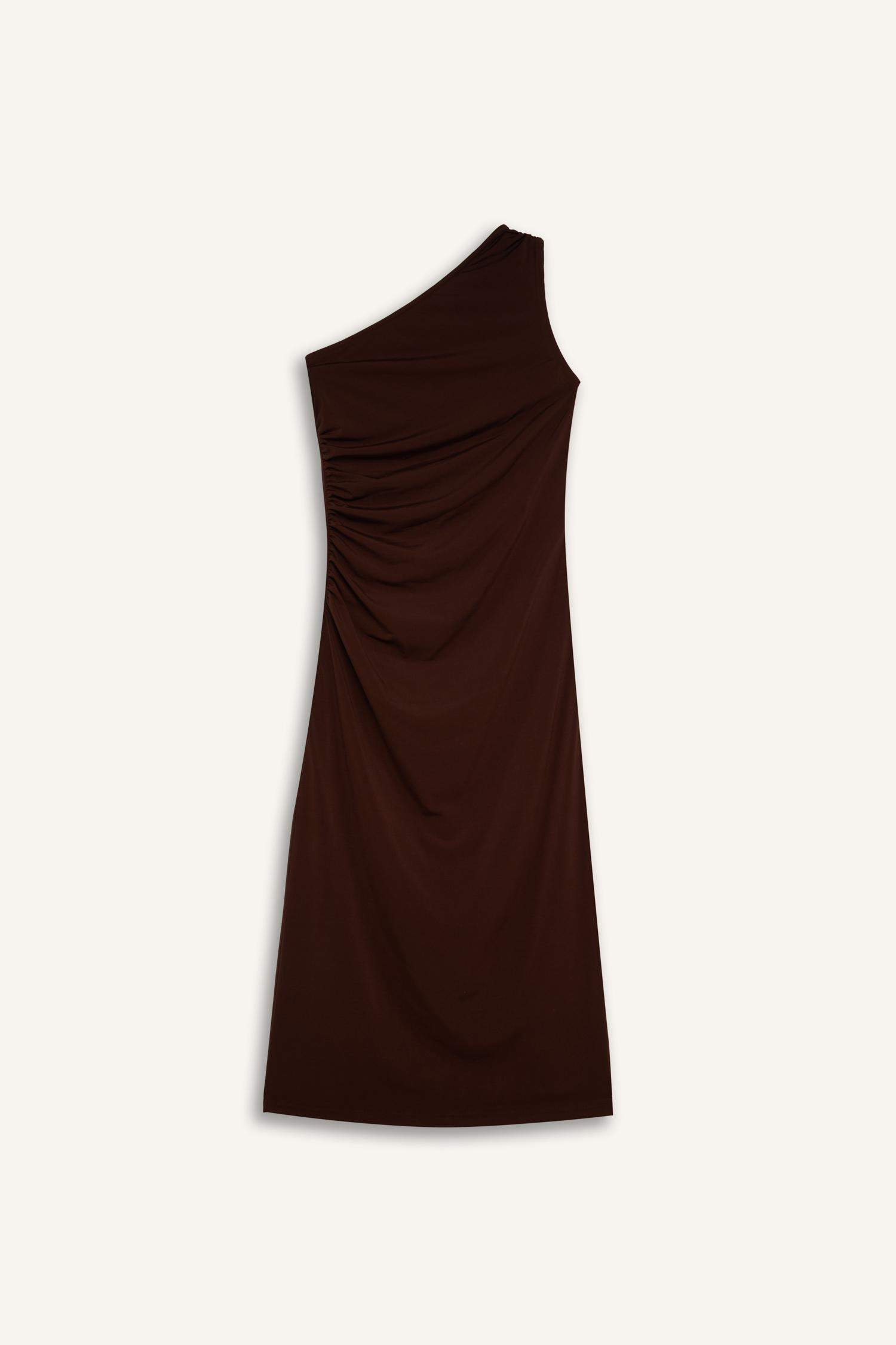 Bodycon Vücudu Saran Basic Düz Tek Omuzlu Midi Elbise