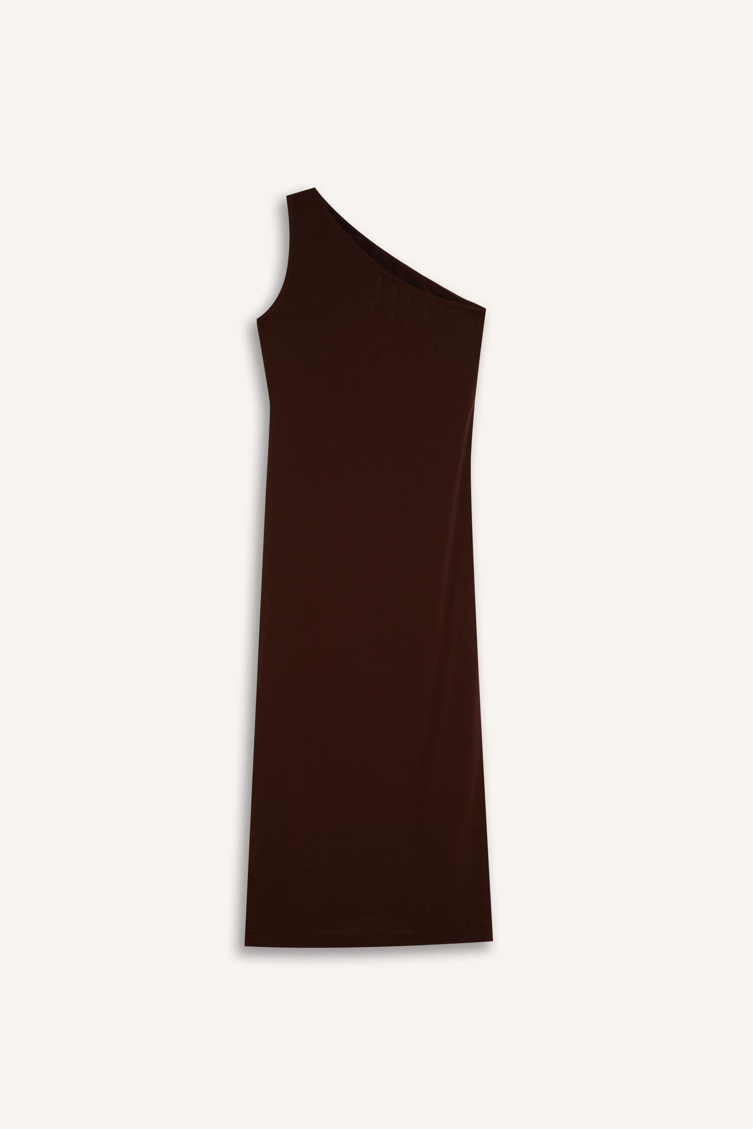 Bodycon Vücudu Saran Basic Düz Tek Omuzlu Midi Elbise