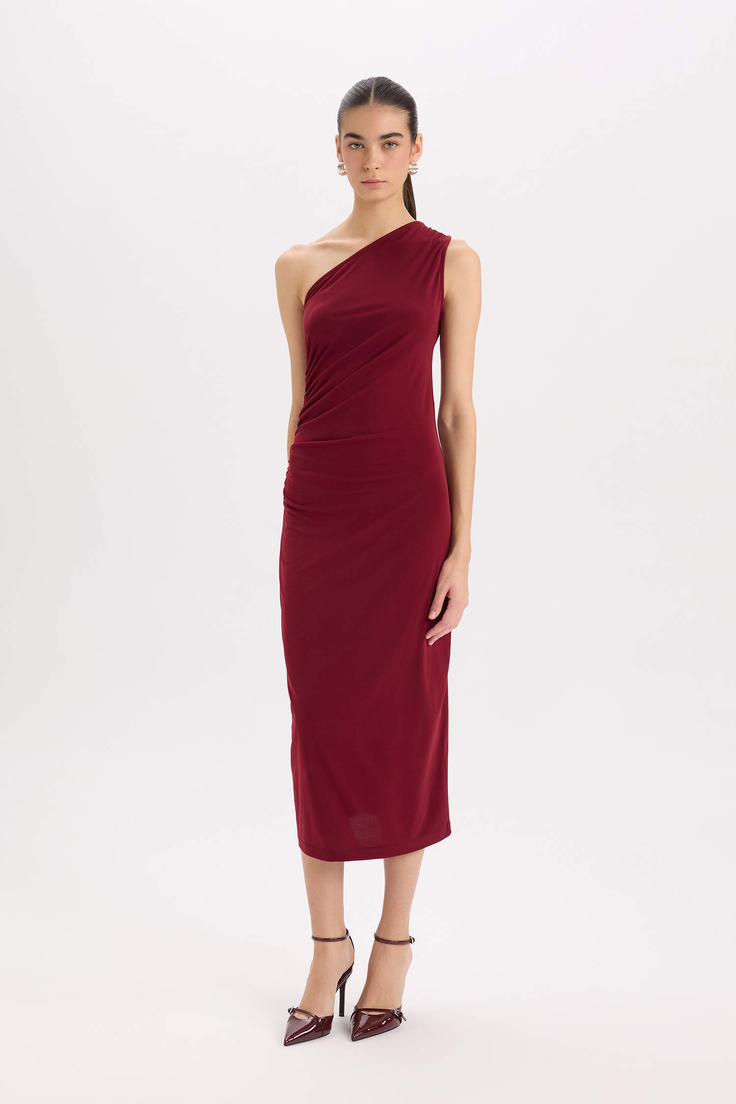 Bodycon Vücudu Saran Basic Düz Tek Omuzlu Bordo Midi Elbise