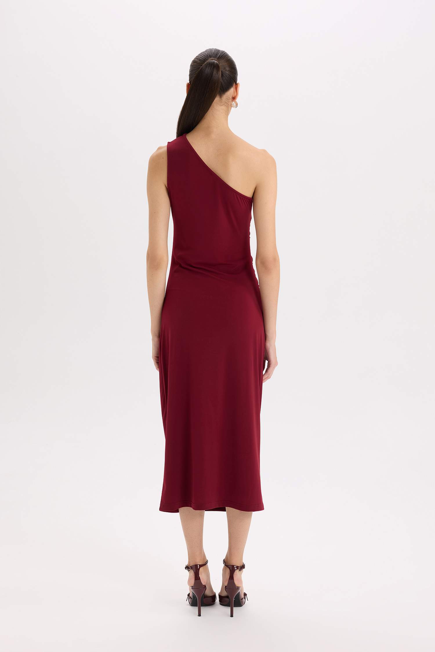 Bodycon Vücudu Saran Basic Düz Tek Omuzlu Bordo Midi Elbise