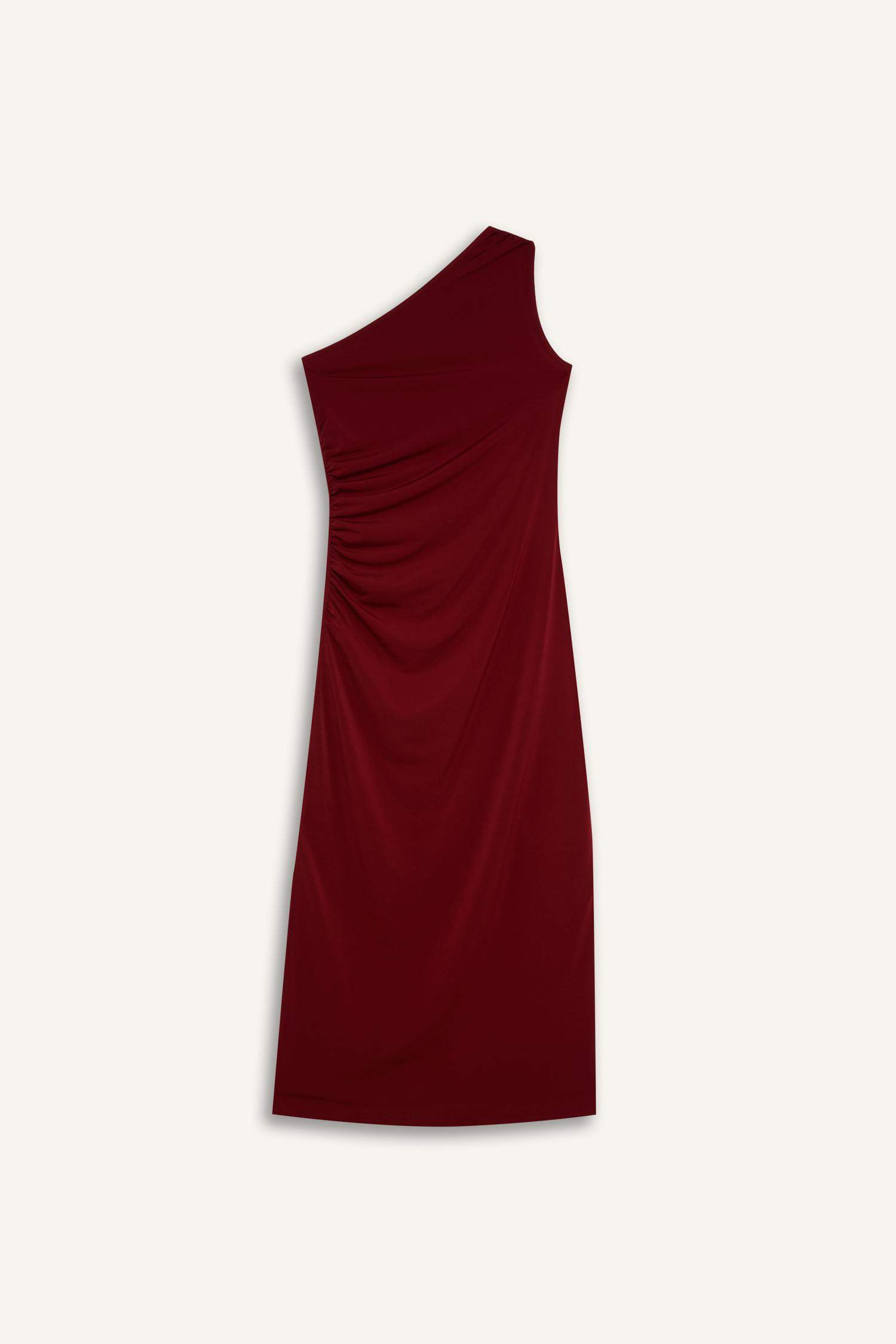 Bodycon Vücudu Saran Basic Düz Tek Omuzlu Bordo Midi Elbise