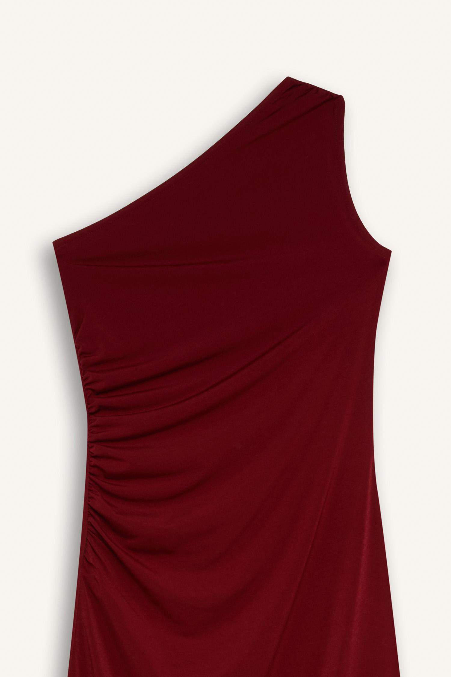 Bodycon Vücudu Saran Basic Düz Tek Omuzlu Bordo Midi Elbise