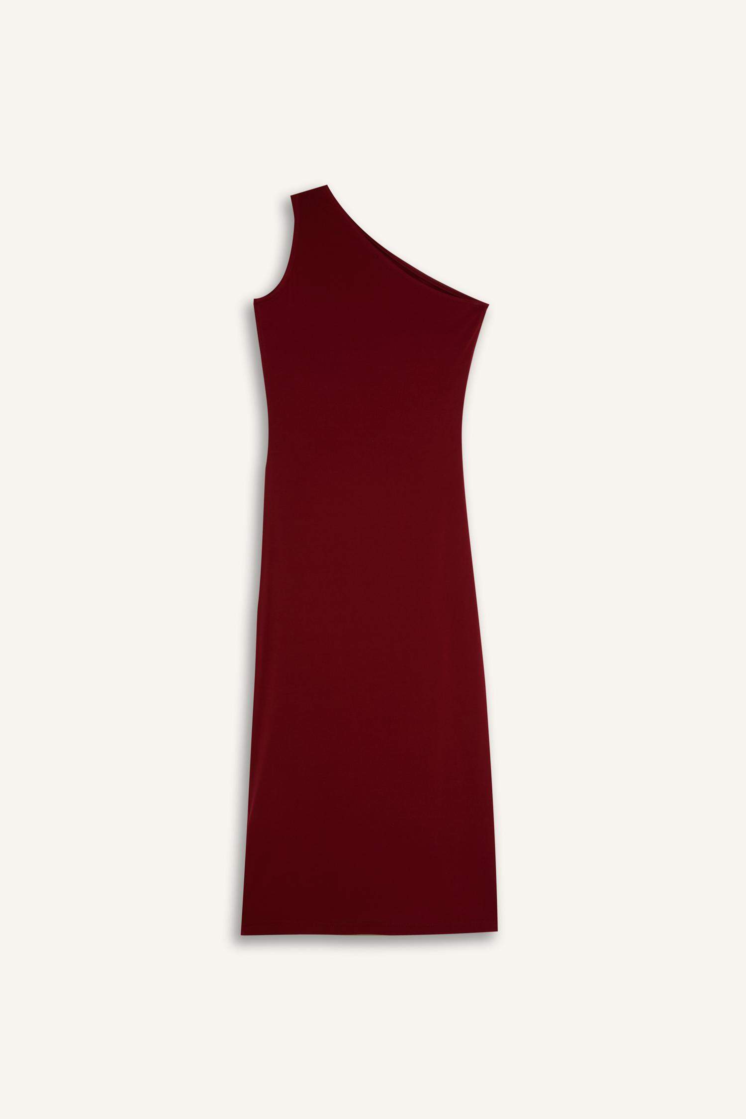 Bodycon Vücudu Saran Basic Düz Tek Omuzlu Bordo Midi Elbise