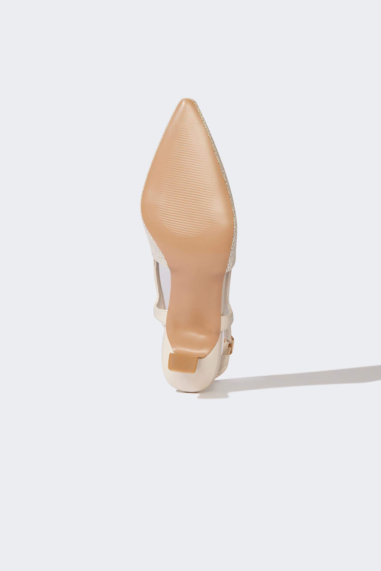 صندل حريمي بيج جلد صناعي بكعب عالي