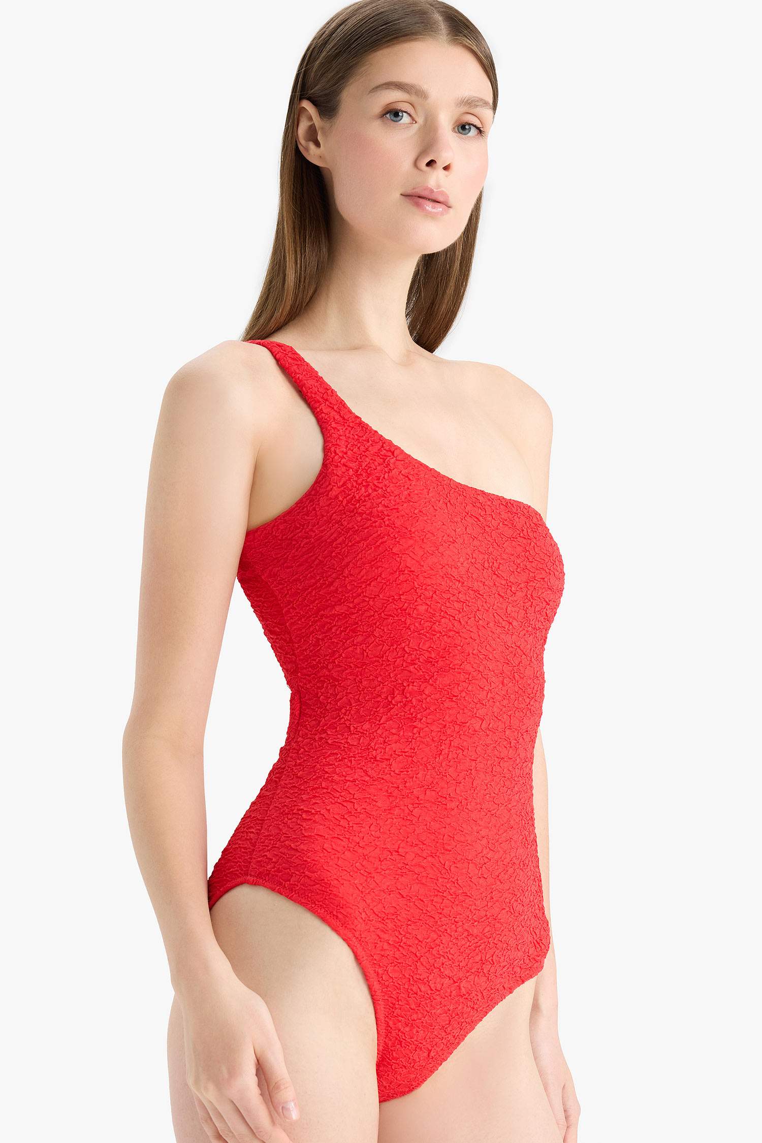 Fall in Love Regular Fit Seersucker Textured One Shoulder Swimsuit
