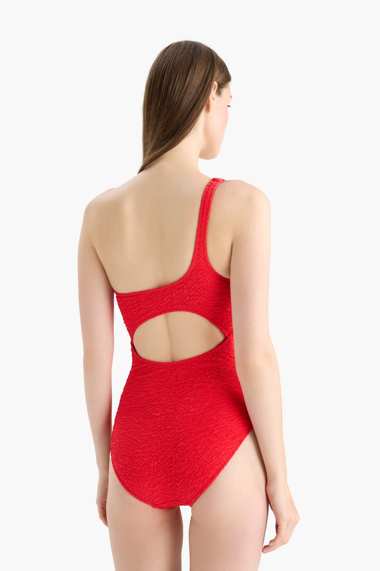 Fall in Love Regular Fit Seersucker Textured One Shoulder Swimsuit