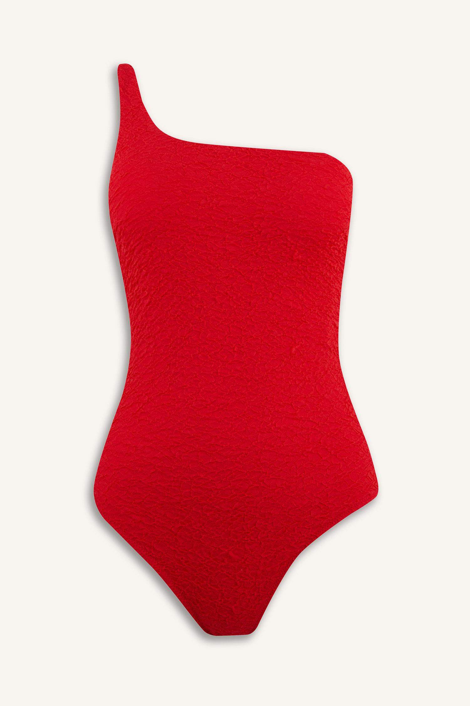 Fall in Love Regular Fit Seersucker Textured One Shoulder Swimsuit