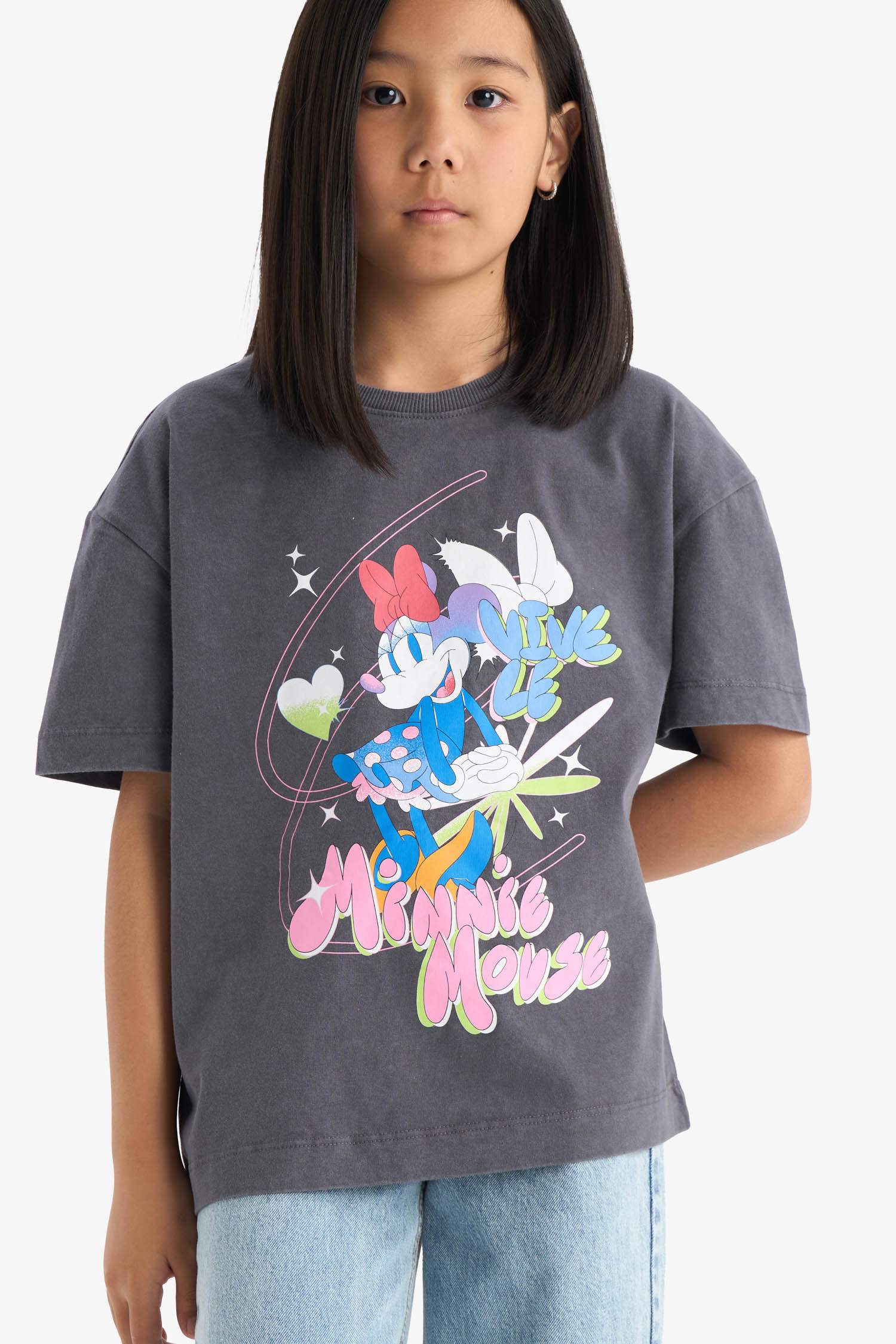 تيشيرت بناتي نص ردن اوفر سايز بياخة مستديرة من ديزني ميكي وميني