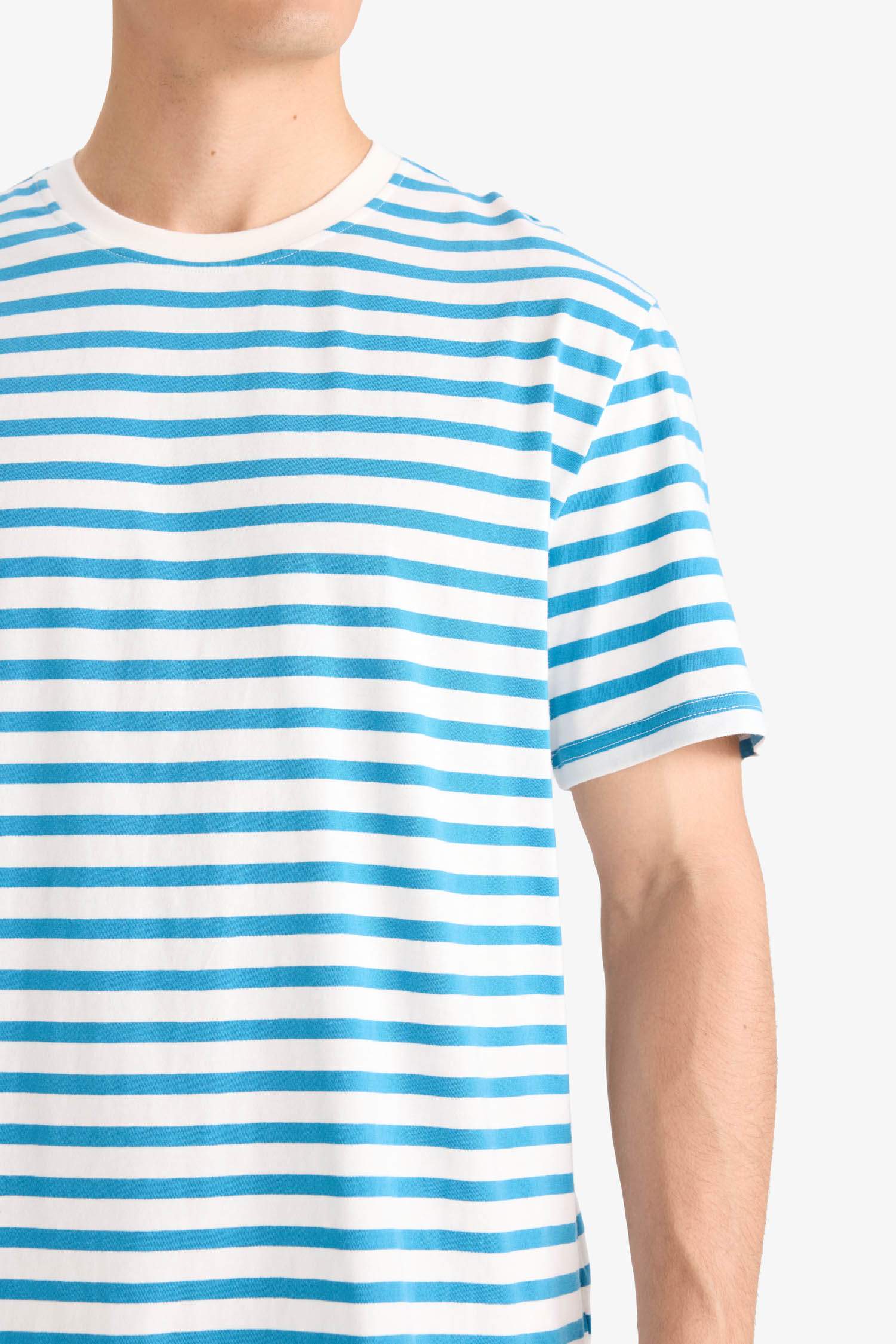 %100 Pamuk Regular Fit Bisiklet Yaka Kısa Kollu Pamuklu Çizgili Tişört