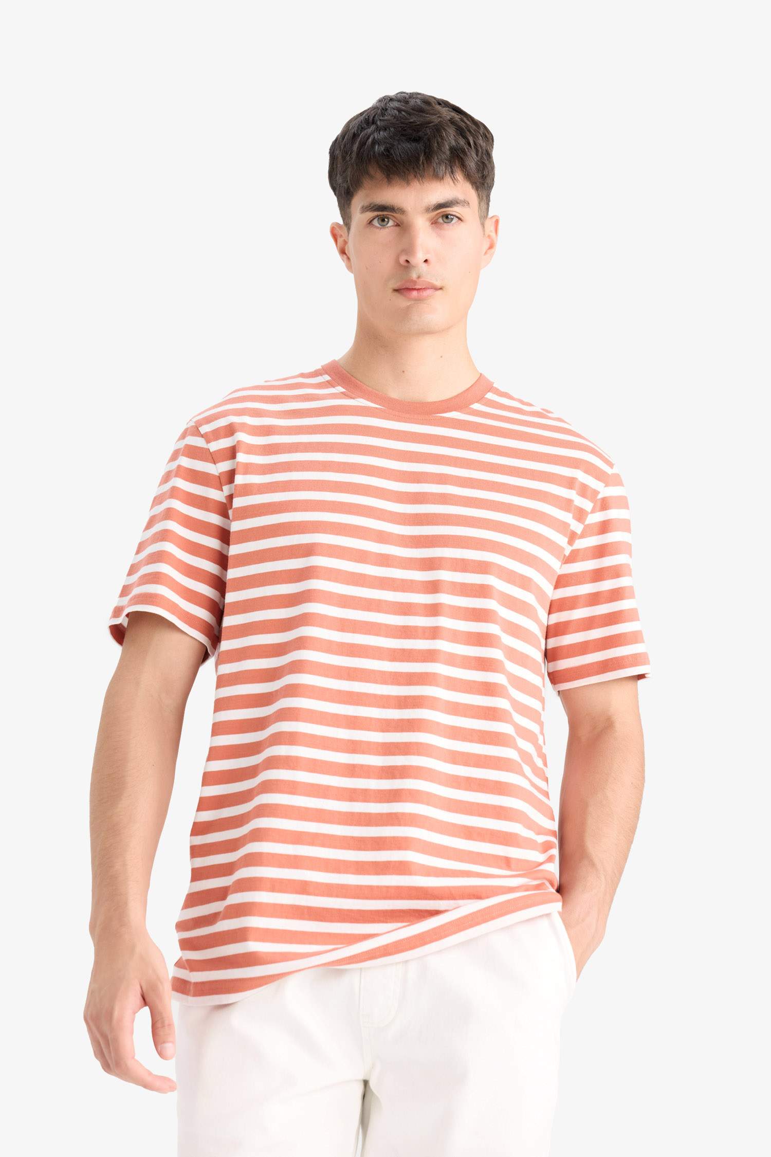 %100 Pamuk Regular Fit Bisiklet Yaka Kısa Kollu Çizgili Tişört