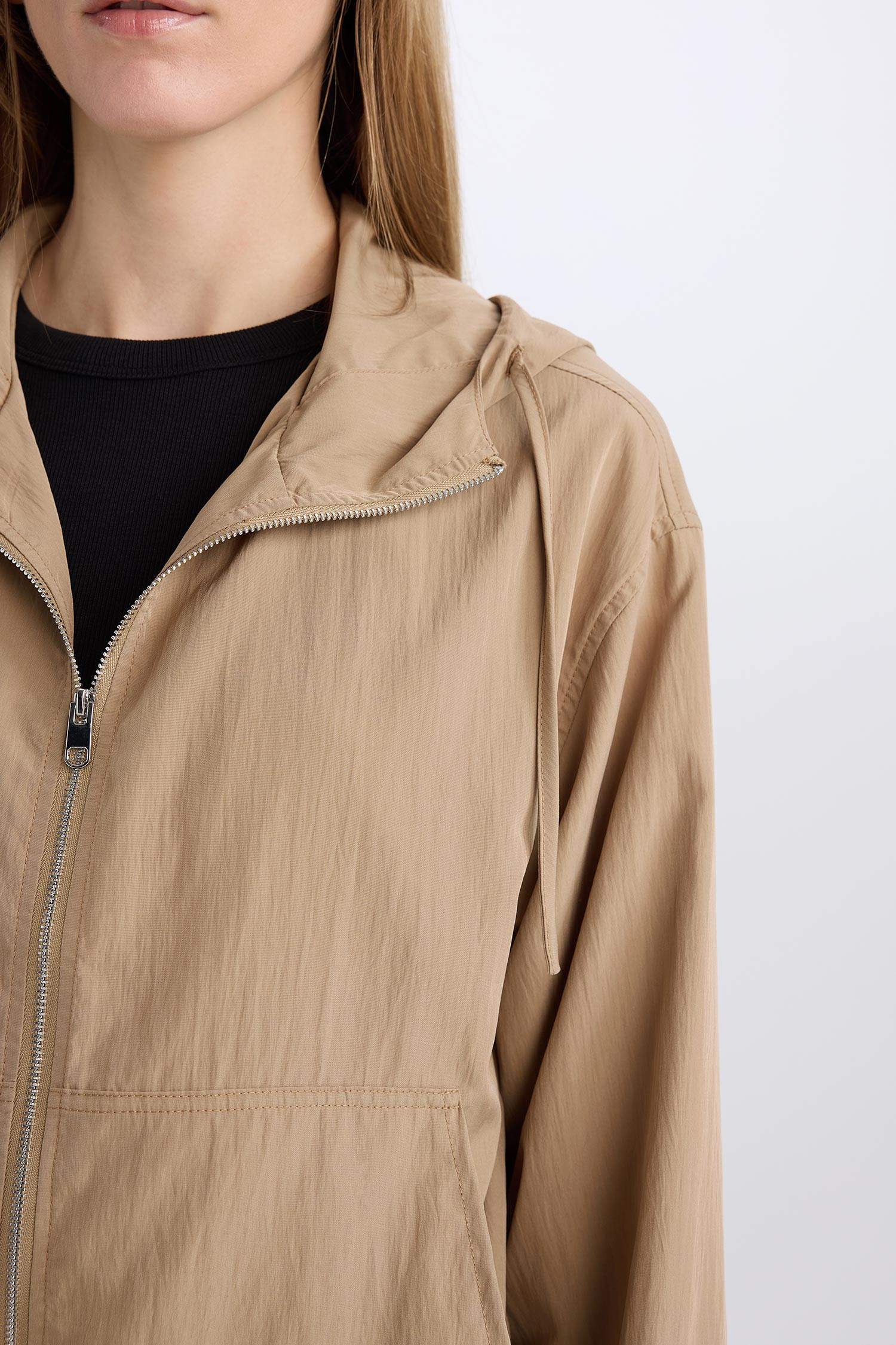 Su Geçirmez Regular Fit Cepli Fermuarlı Kapüşonlu Yağmurluk