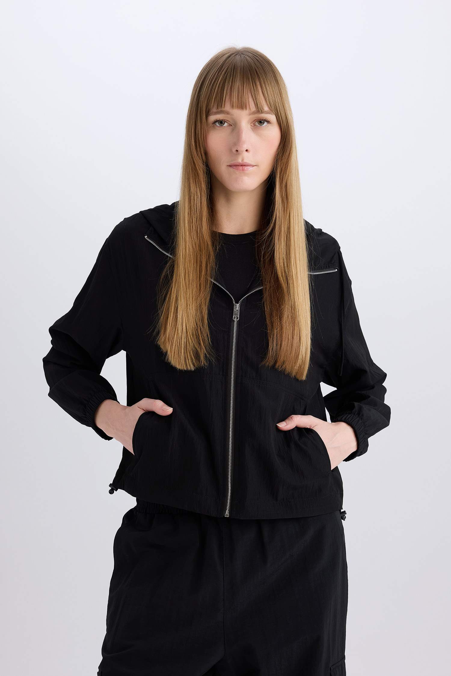 Su Geçirmez Regular Fit Cepli Fermuarlı Kapüşonlu Yağmurluk