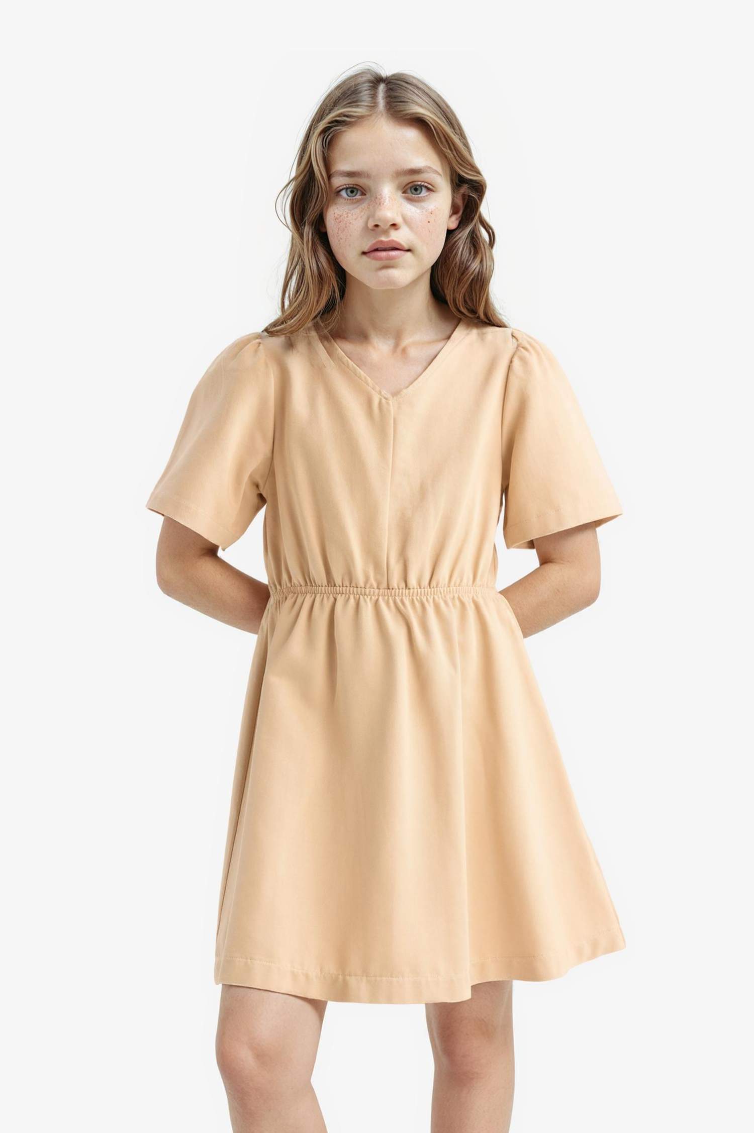 Kız Çocuk Standart Fit V Yaka Gabardin Kısa Kollu Elbise