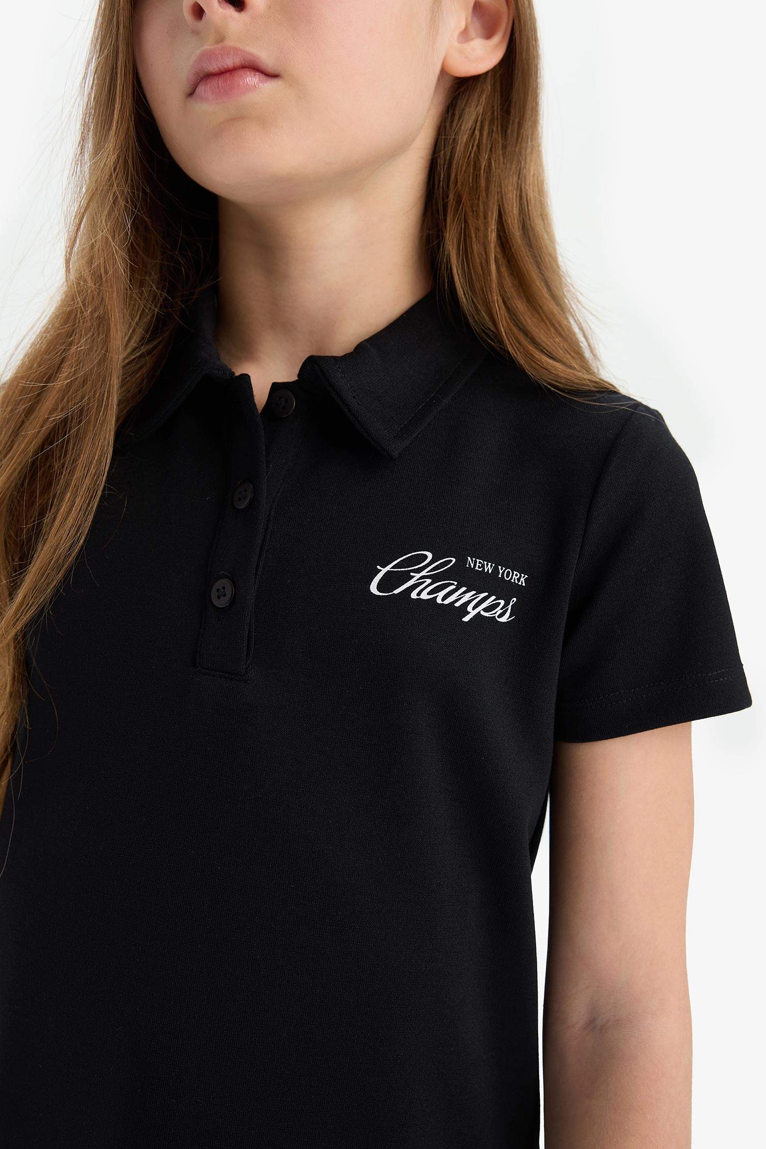 Kız Çocuk Polo Yaka Baskılı Kısa Kollu Elbise