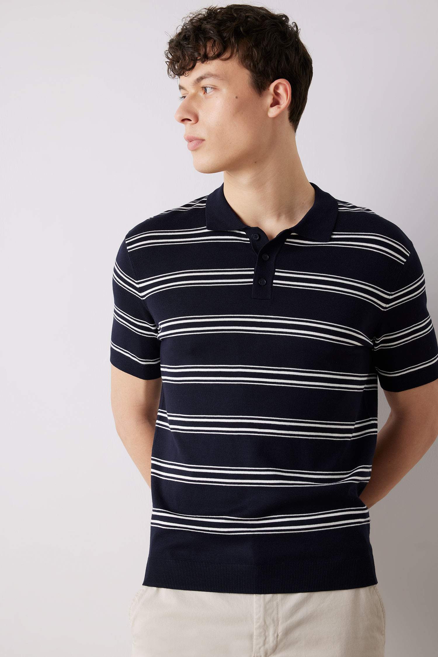 T-shirt Polo en maille rayée à manches courtes Coupe régulière