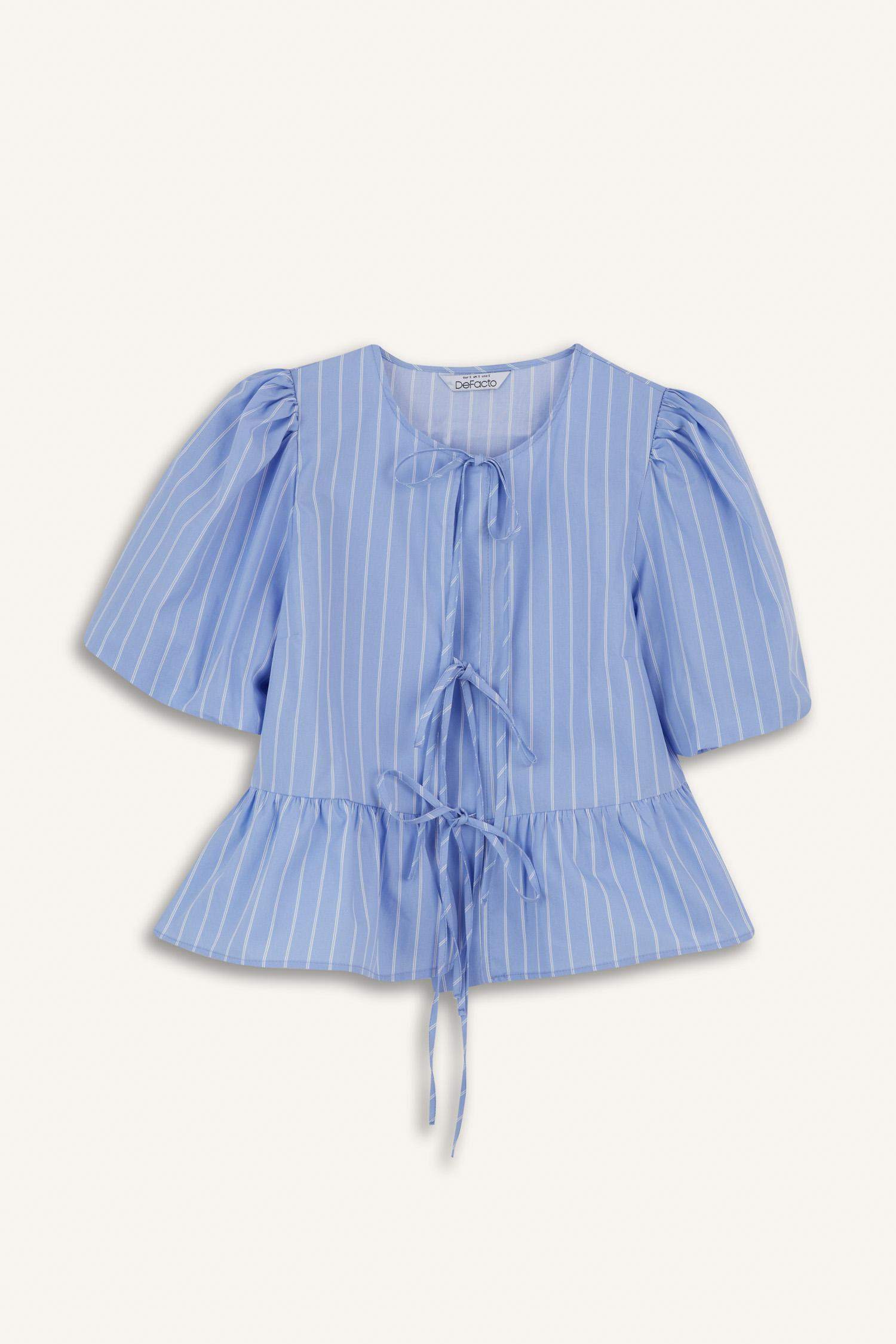 Regular Fit Bisiklet Yaka Çizgili Önden Bağlamalı Poplin Kısa Kollu Bluz