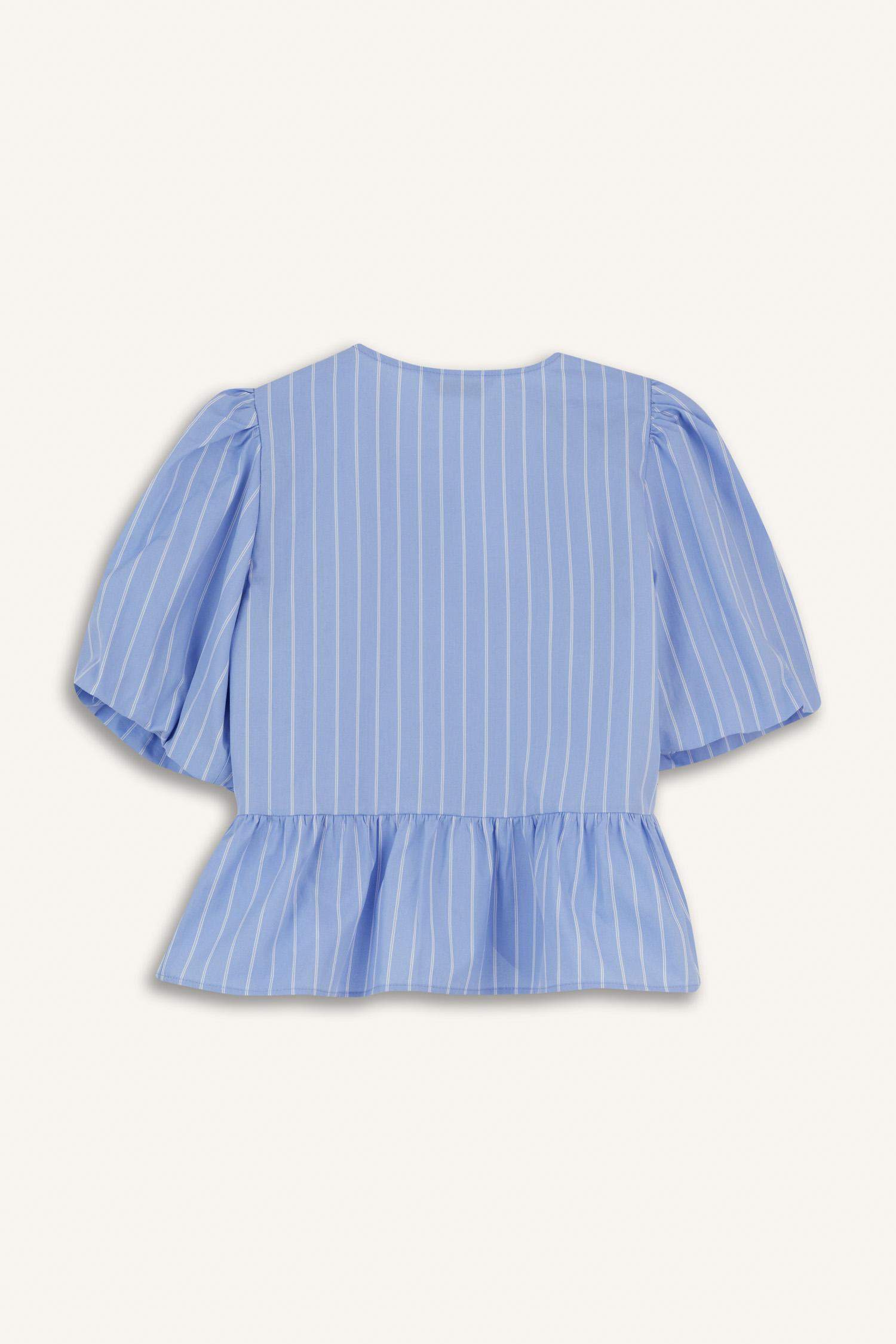 Regular Fit Bisiklet Yaka Çizgili Önden Bağlamalı Poplin Kısa Kollu Bluz