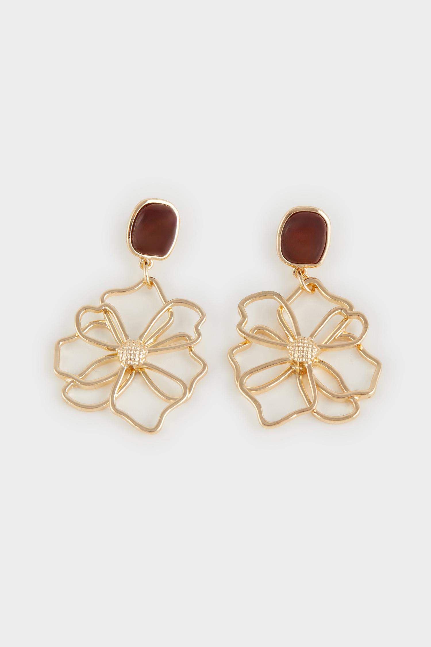 Kadın Çiçek Detaylı Taşlı Gold Küpe