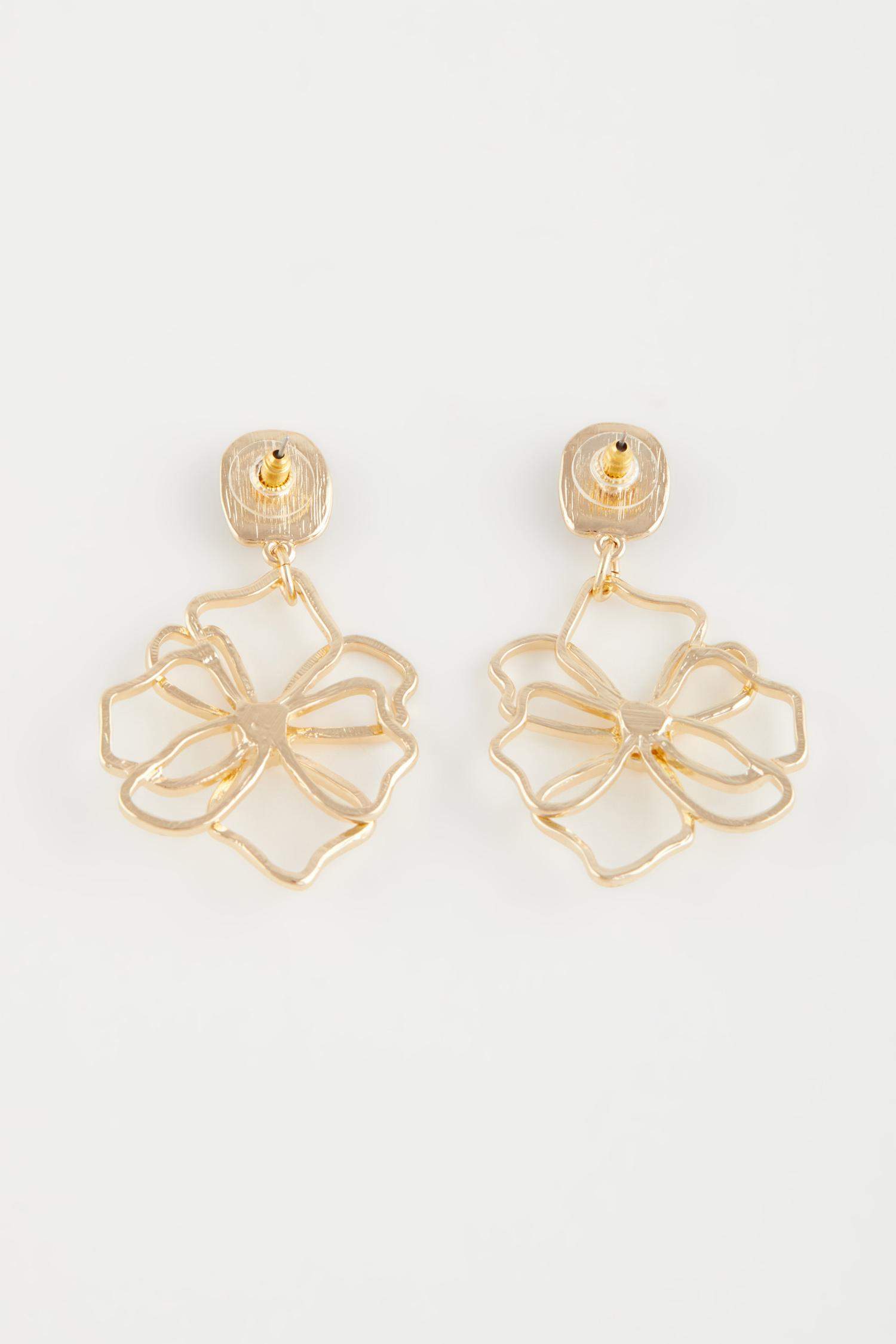 Kadın Çiçek Detaylı Taşlı Gold Küpe