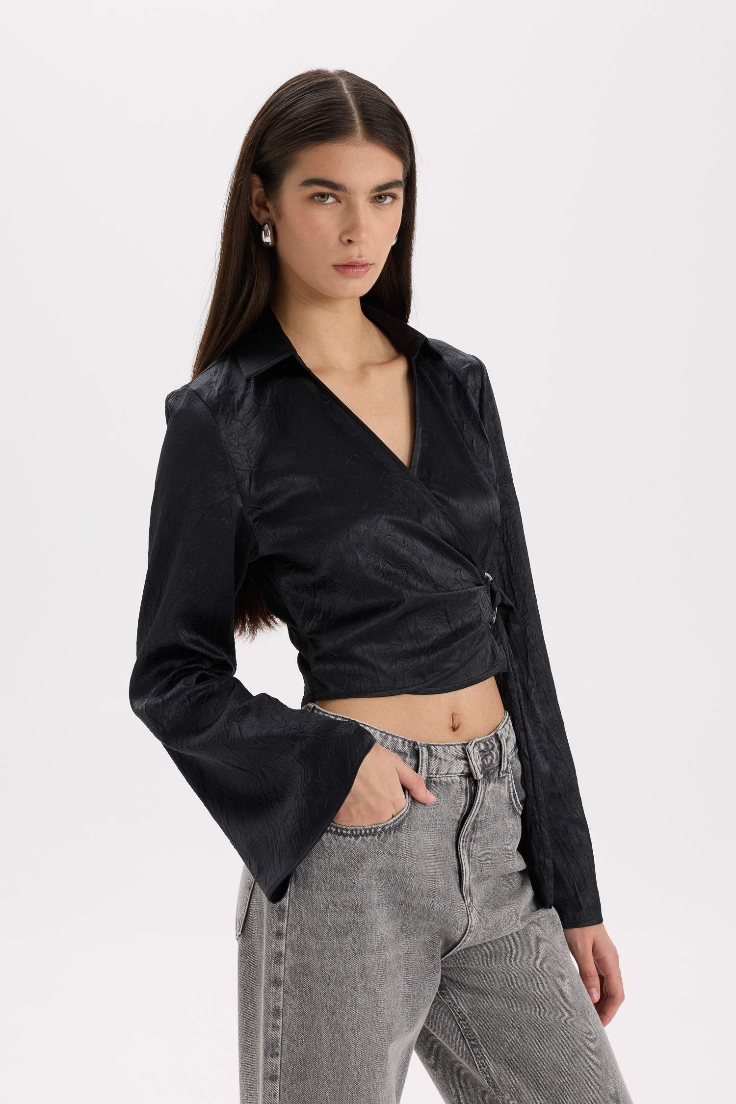 Fitted Wrap Collar Satin Long Sleeve Blouse