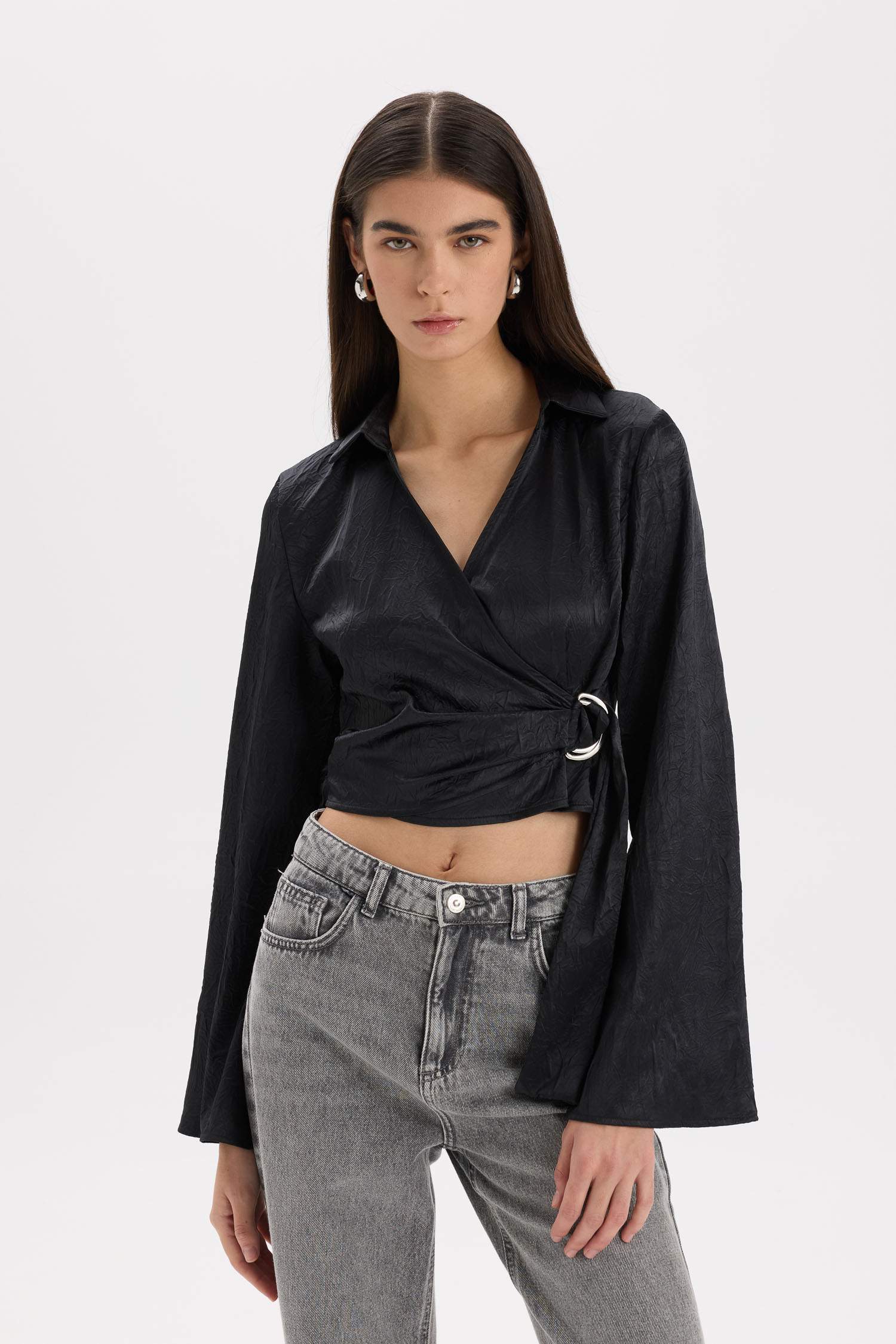 Fitted Wrap Collar Satin Long Sleeve Blouse