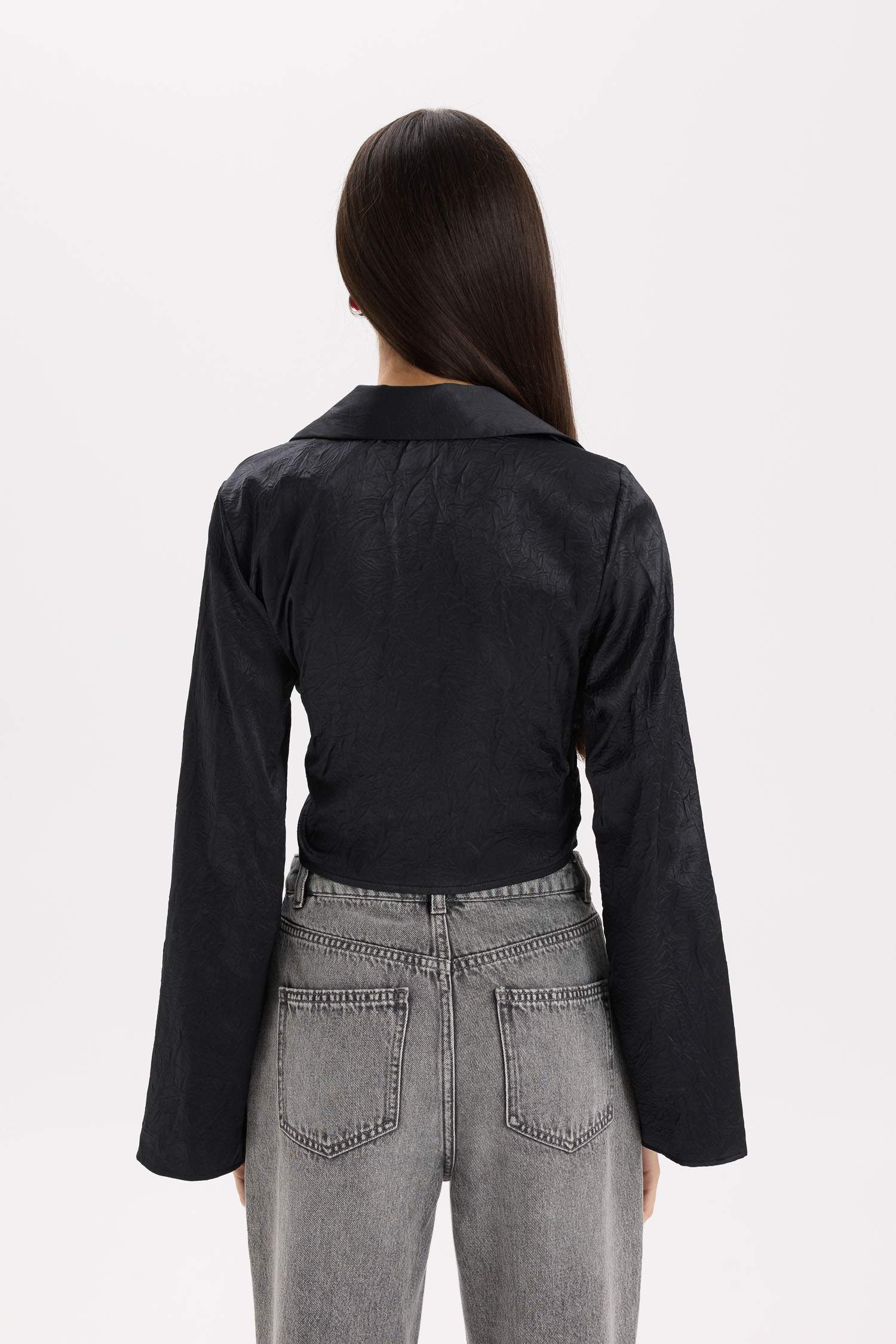 Fitted Wrap Collar Satin Long Sleeve Blouse