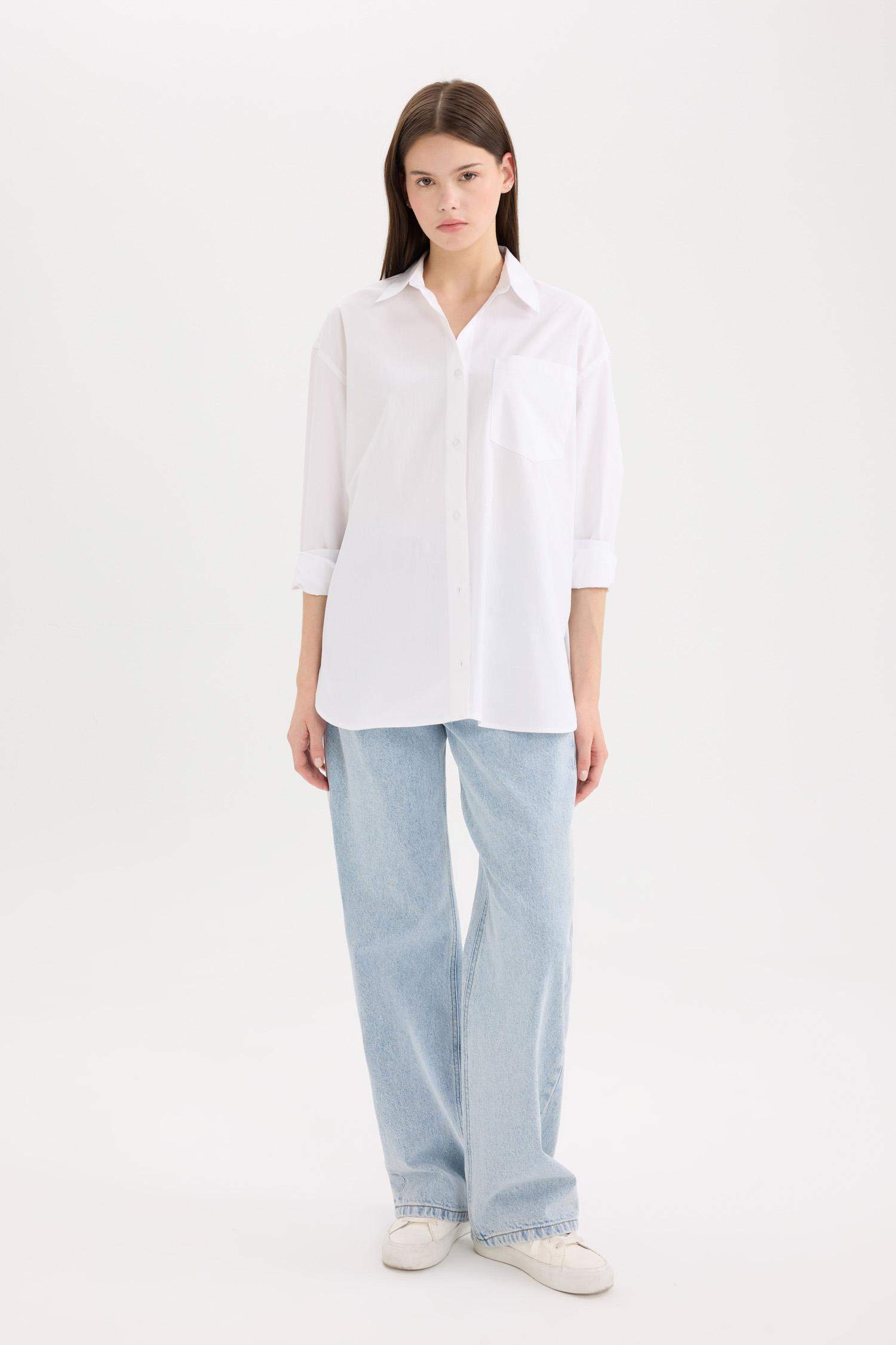 Oversize Fit Shirt Collar Poplin Long Sleeve Shirt