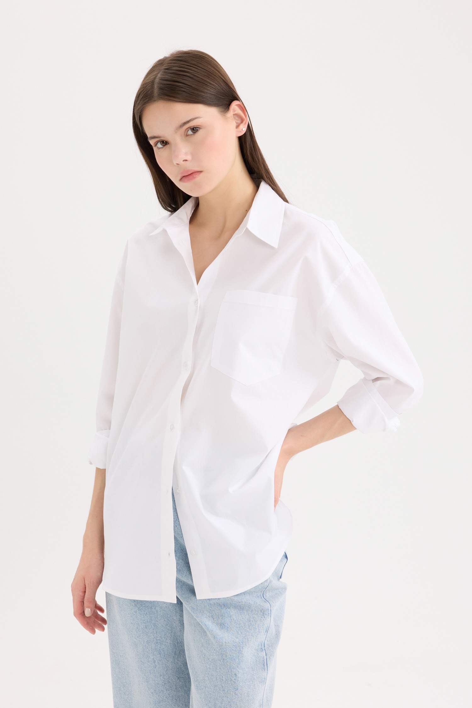 Oversize Fit Shirt Collar Poplin Long Sleeve Shirt