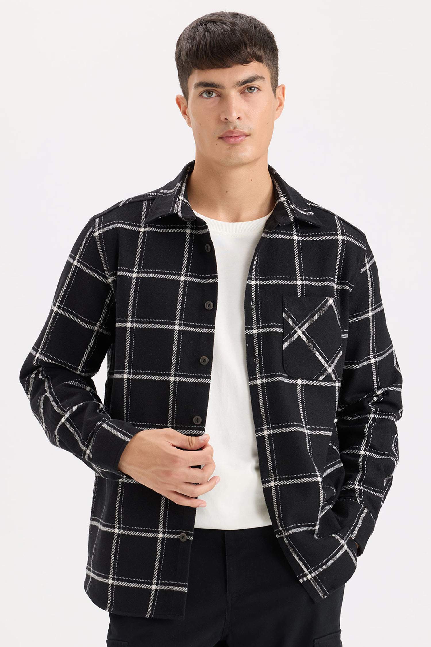 Regular Fit Polo Collar Plaid Flanel Long Sleeve Shirt