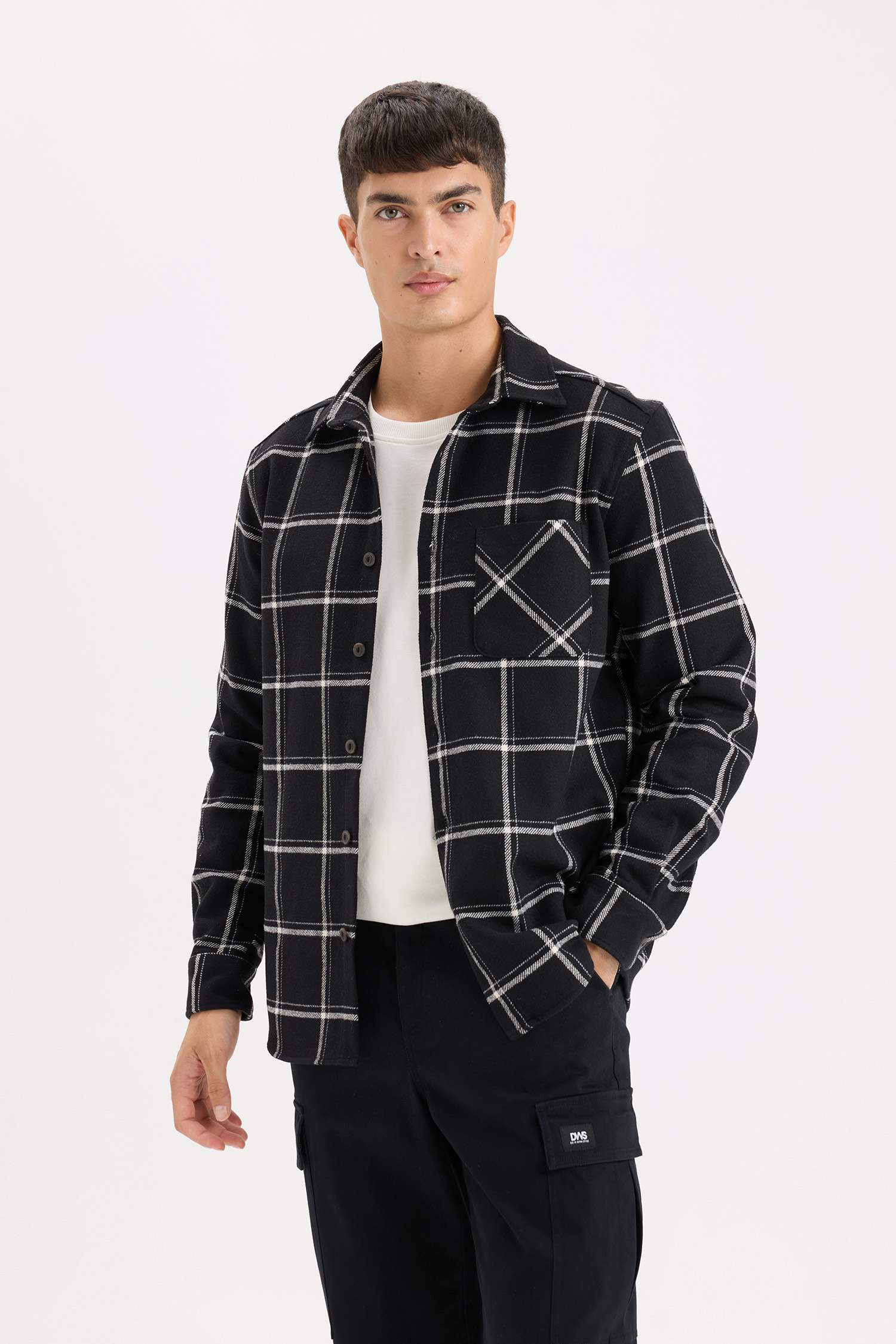 Regular Fit Polo Collar Plaid Flanel Long Sleeve Shirt