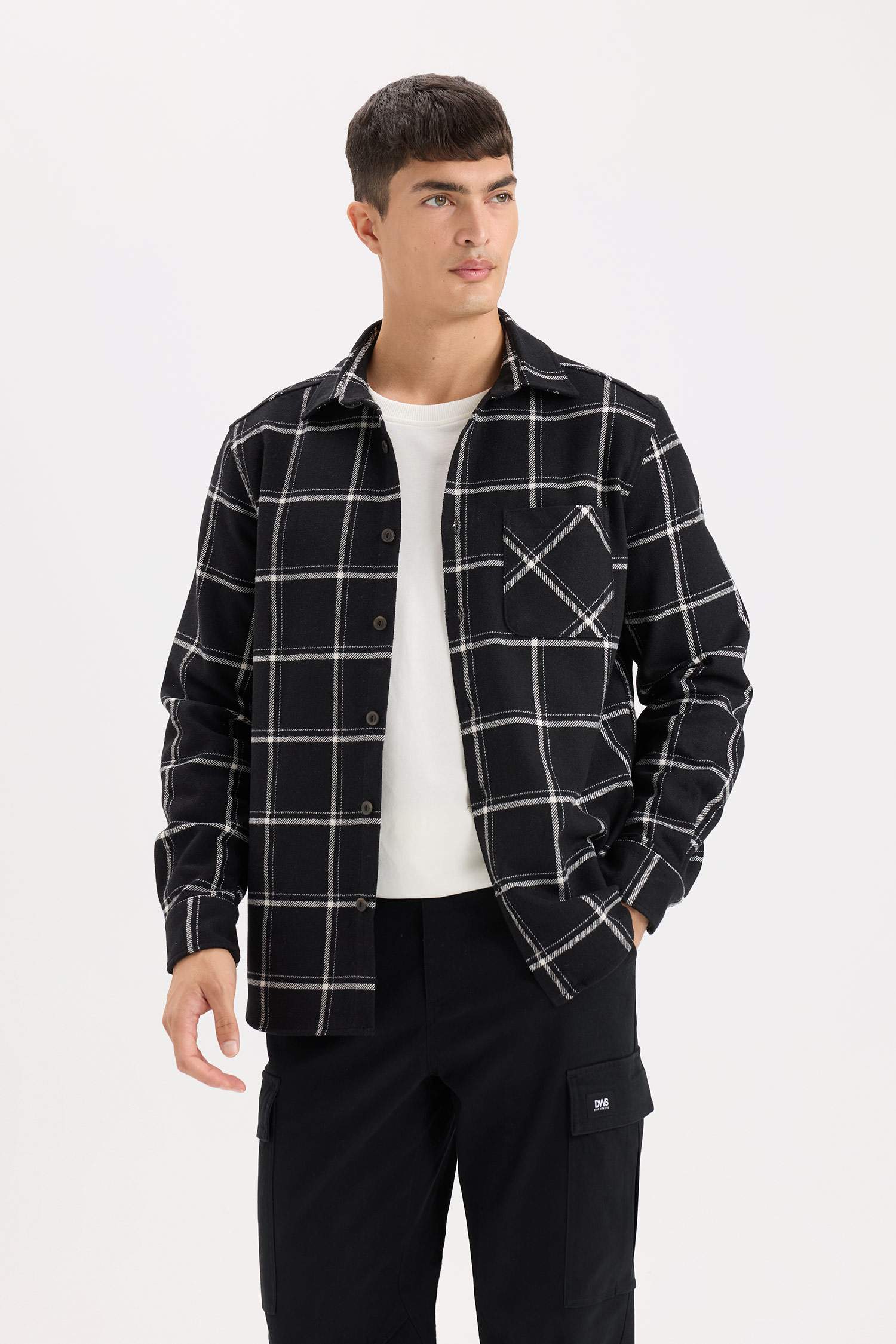 Regular Fit Polo Collar Plaid Flanel Long Sleeve Shirt
