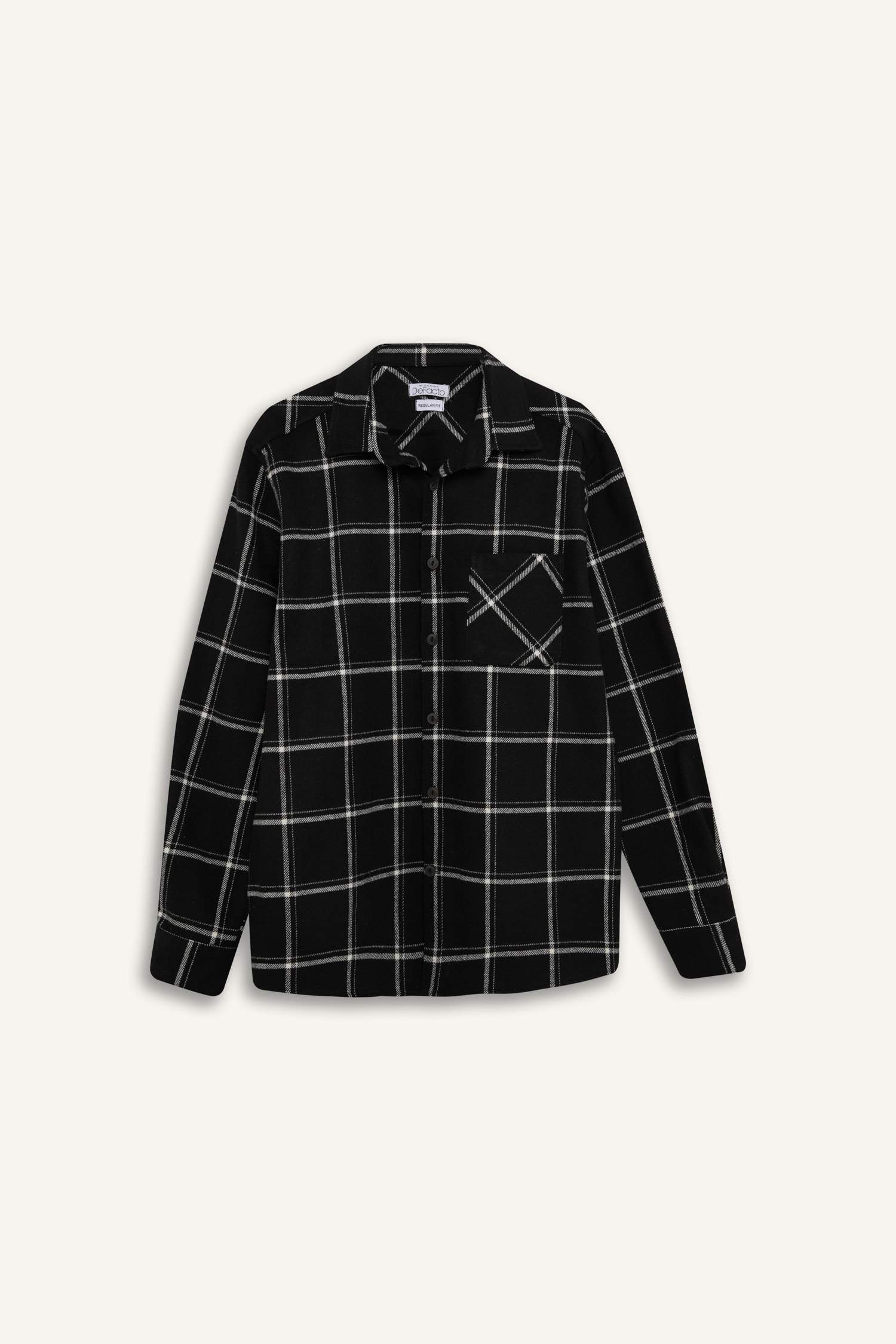 Regular Fit Polo Collar Plaid Flanel Long Sleeve Shirt