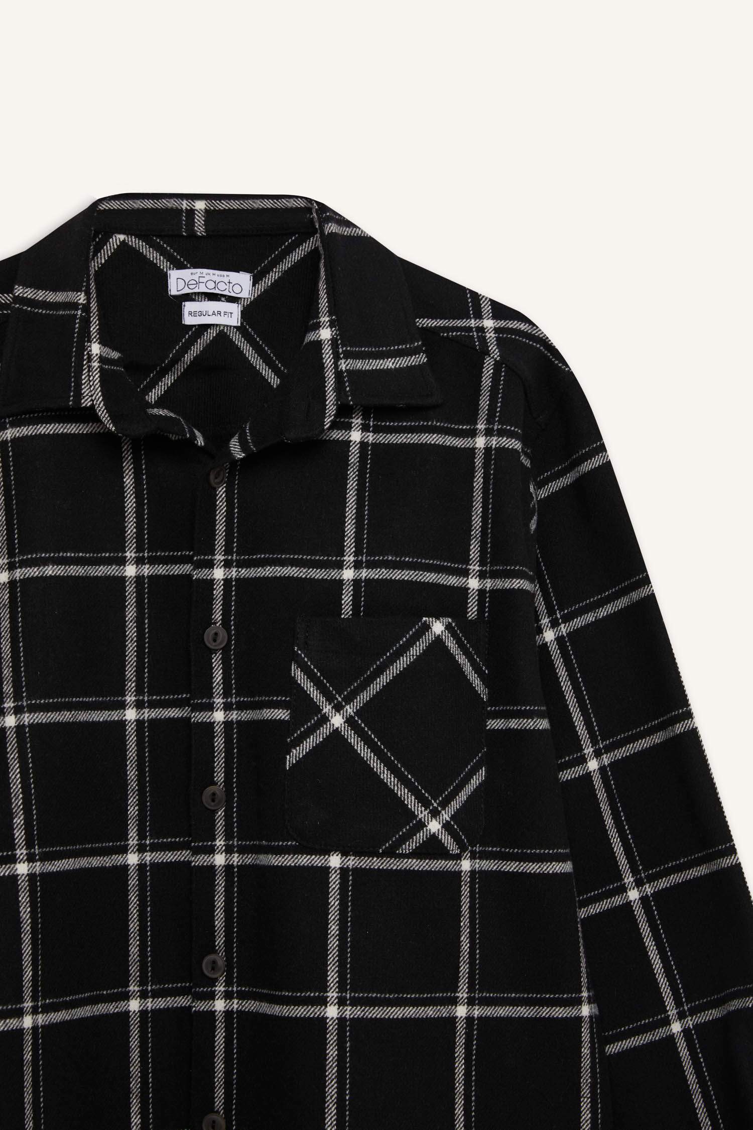 Regular Fit Polo Collar Plaid Flanel Long Sleeve Shirt