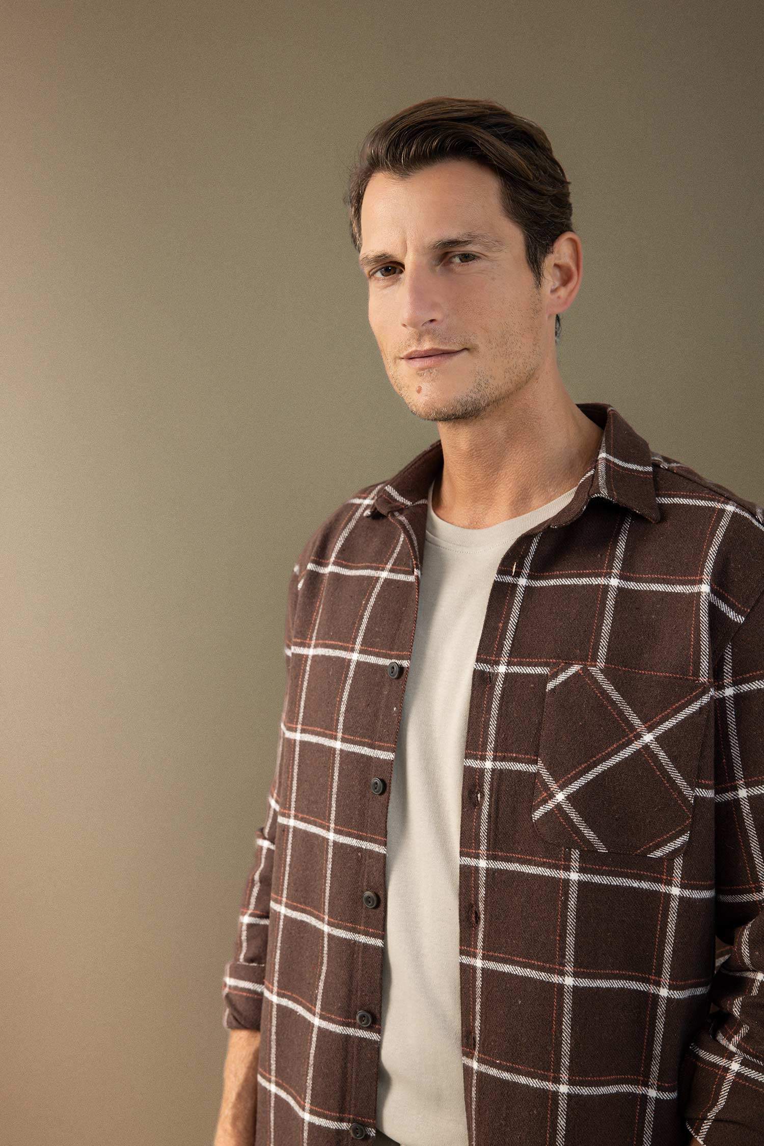 Regular Fit Polo Yaka Kareli Flanel Uzun Kollu Gömlek