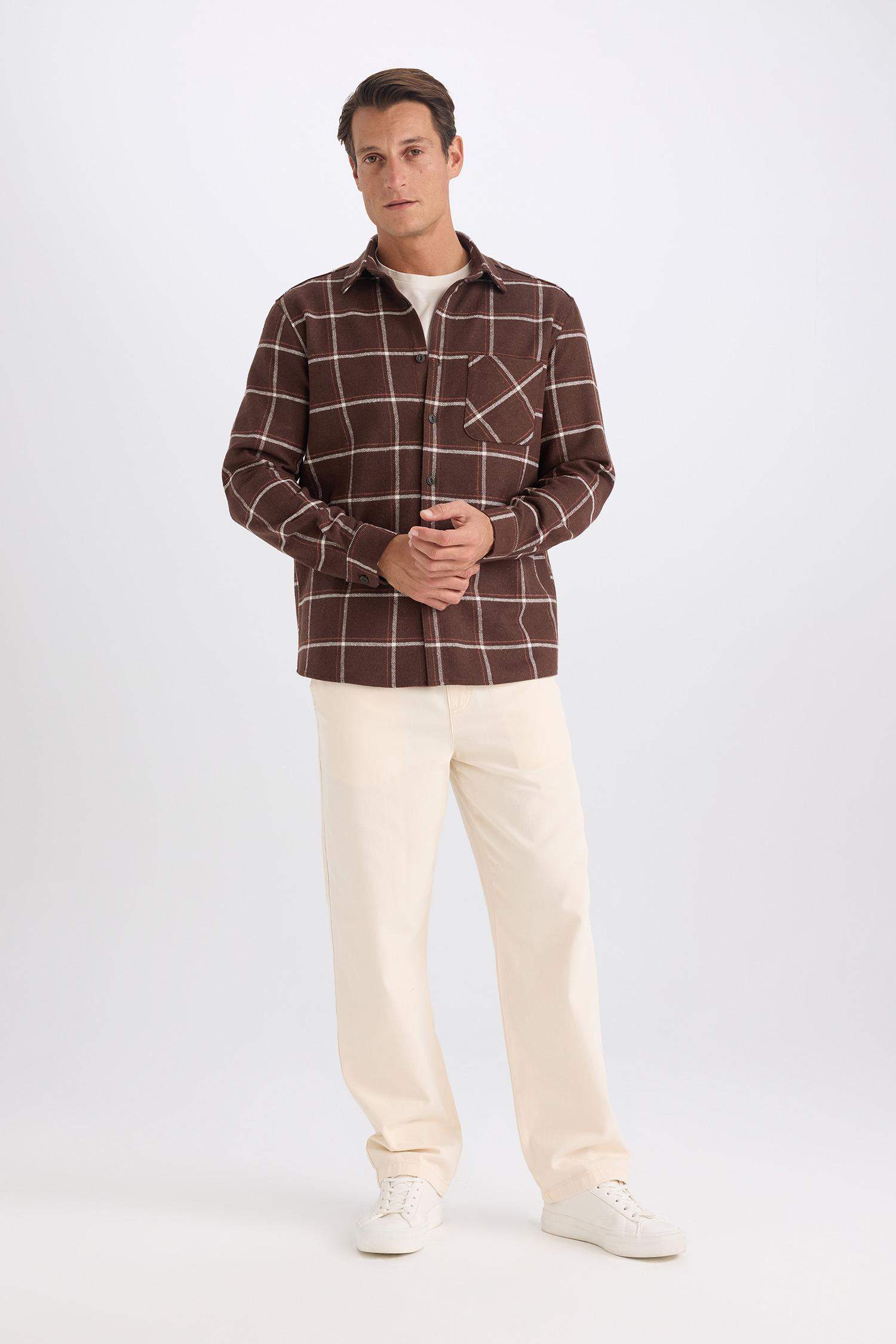 Regular Fit Polo Yaka Kareli Flanel Uzun Kollu Gömlek