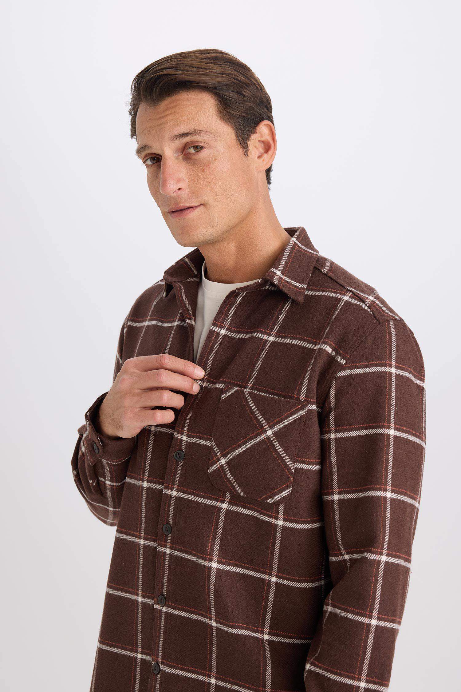 Regular Fit Polo Yaka Kareli Flanel Uzun Kollu Gömlek