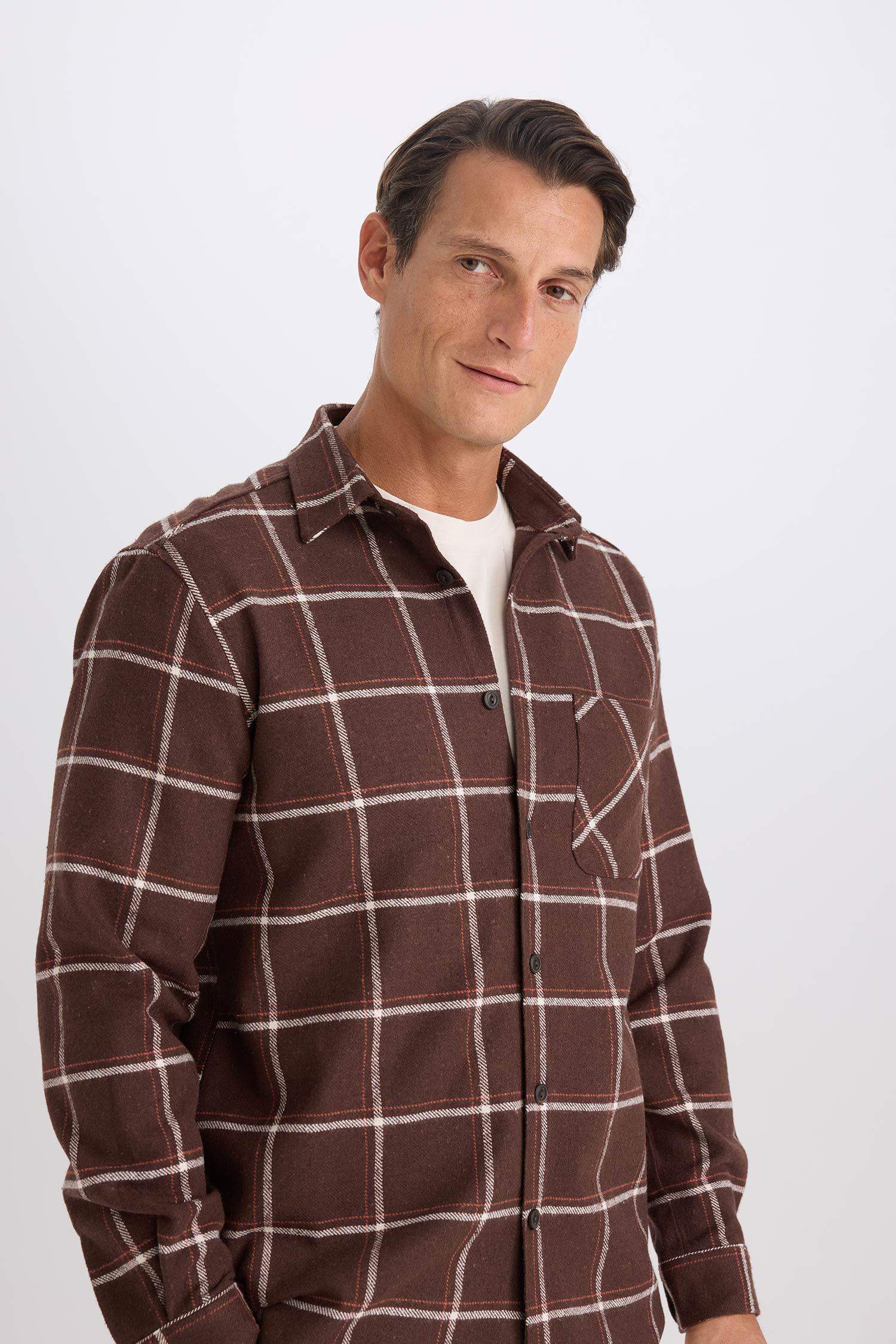 Regular Fit Polo Yaka Kareli Flanel Uzun Kollu Gömlek