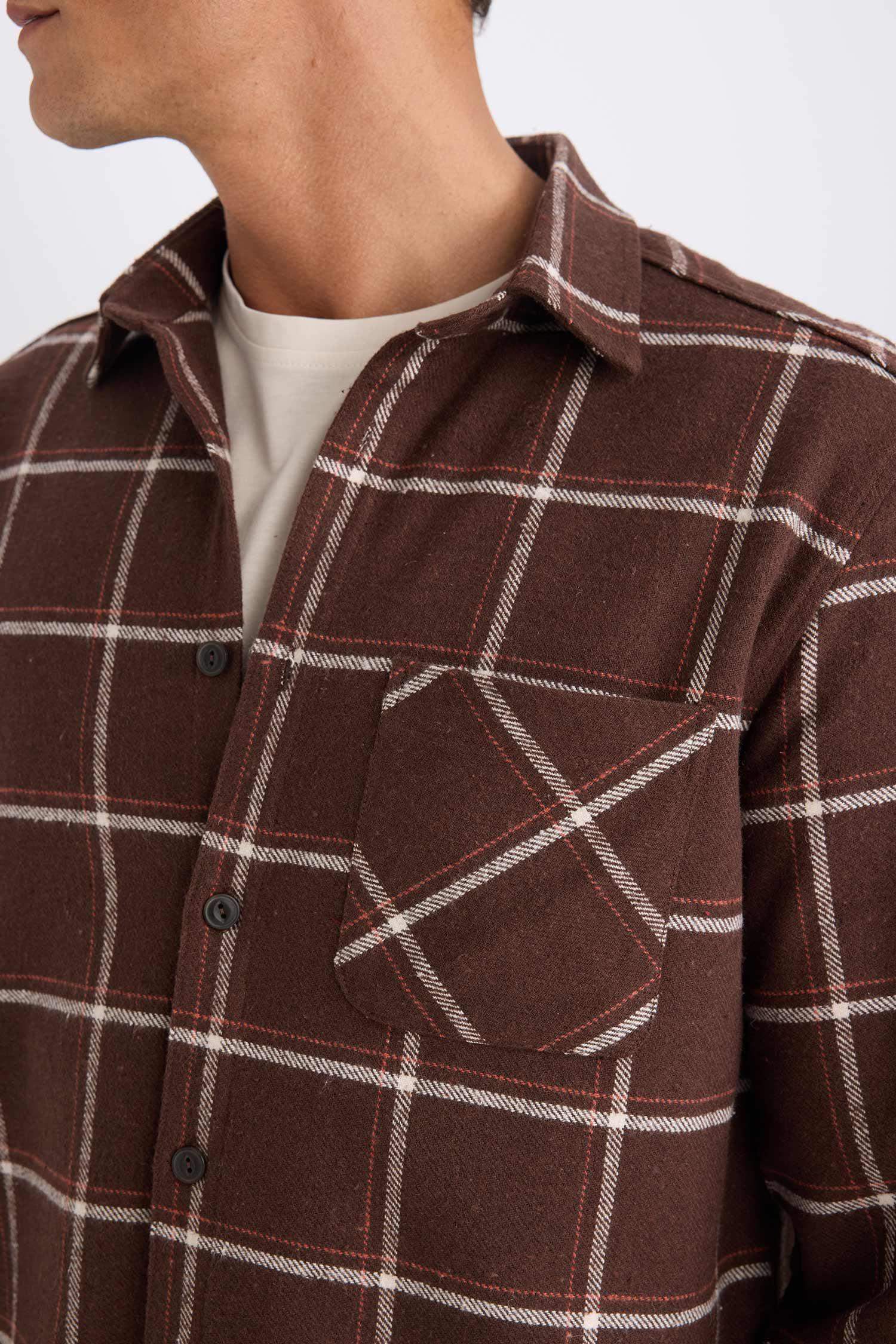 Regular Fit Polo Yaka Kareli Flanel Uzun Kollu Gömlek