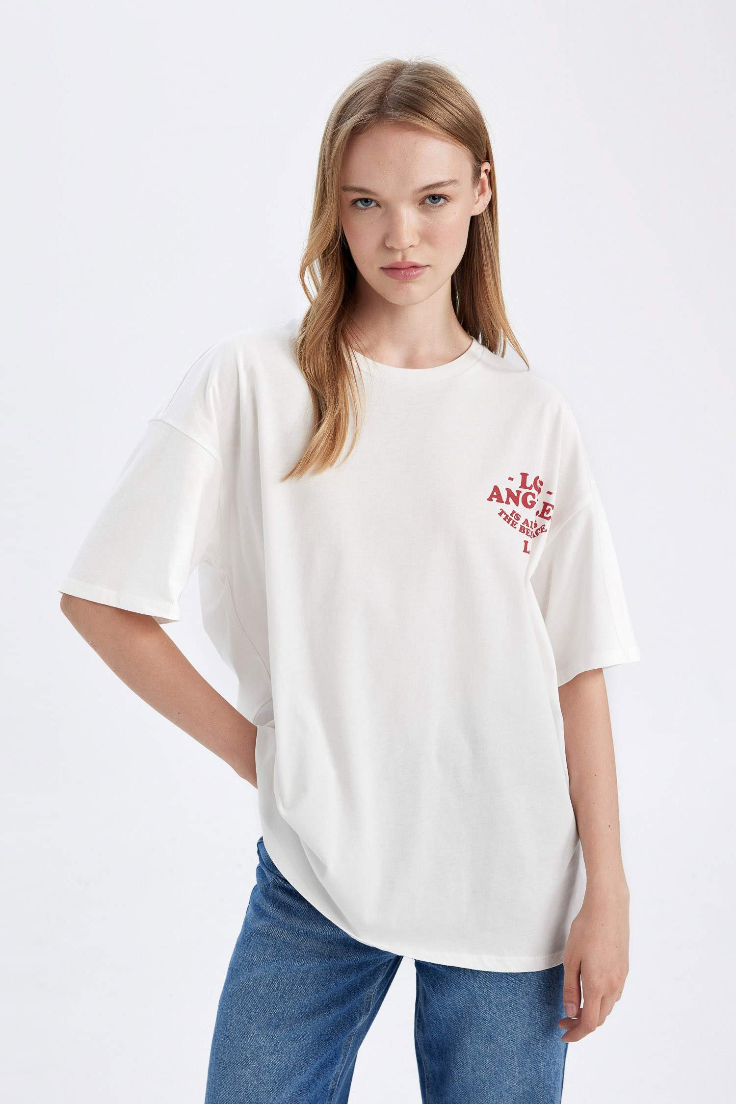 Okula Dönüş Oversize Geniş Kalıp Bisiklet Yaka Sırt Baskılı Kısa Kollu Tişört